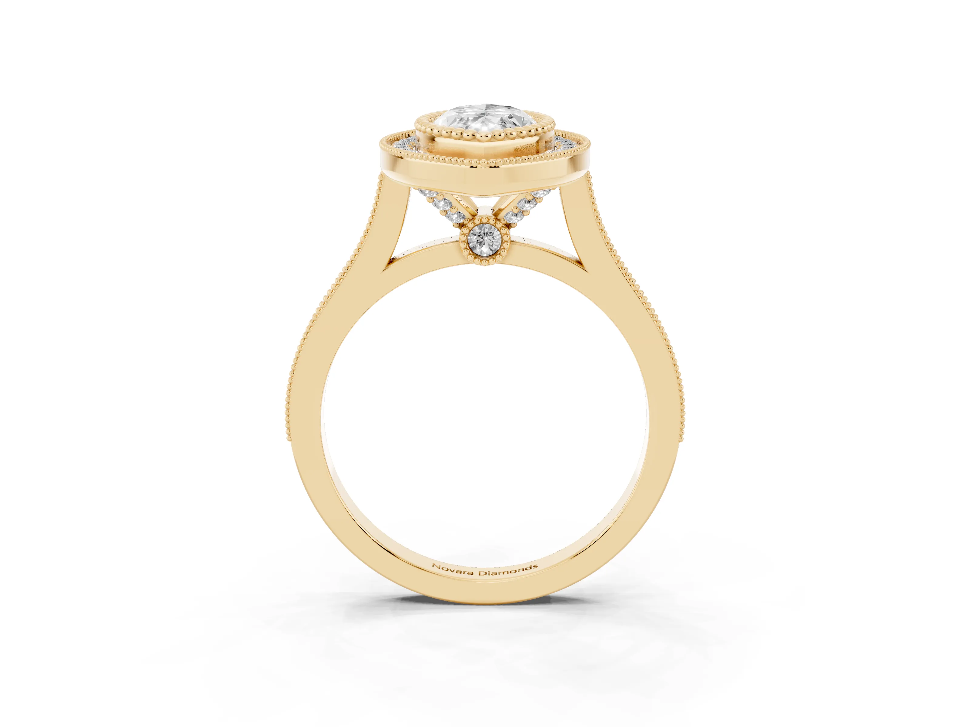 Marquise Cut Diamond Halo Ring Set in Yellow gold with Milgrain Frame and Pavé Band