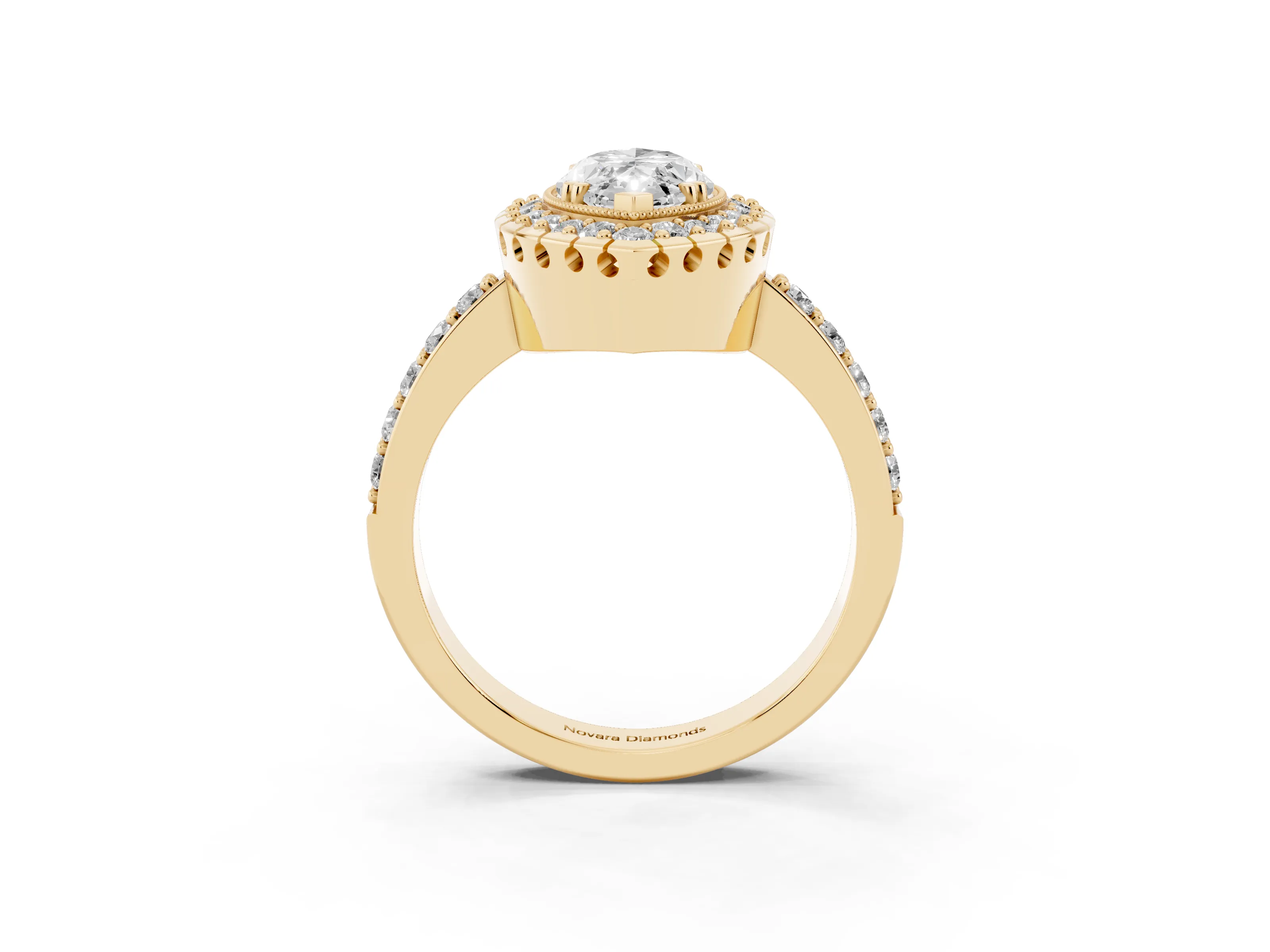 Marquise Cut Diamond Halo Ring Set in Yellow gold with Pavé Shank and Prong Setting