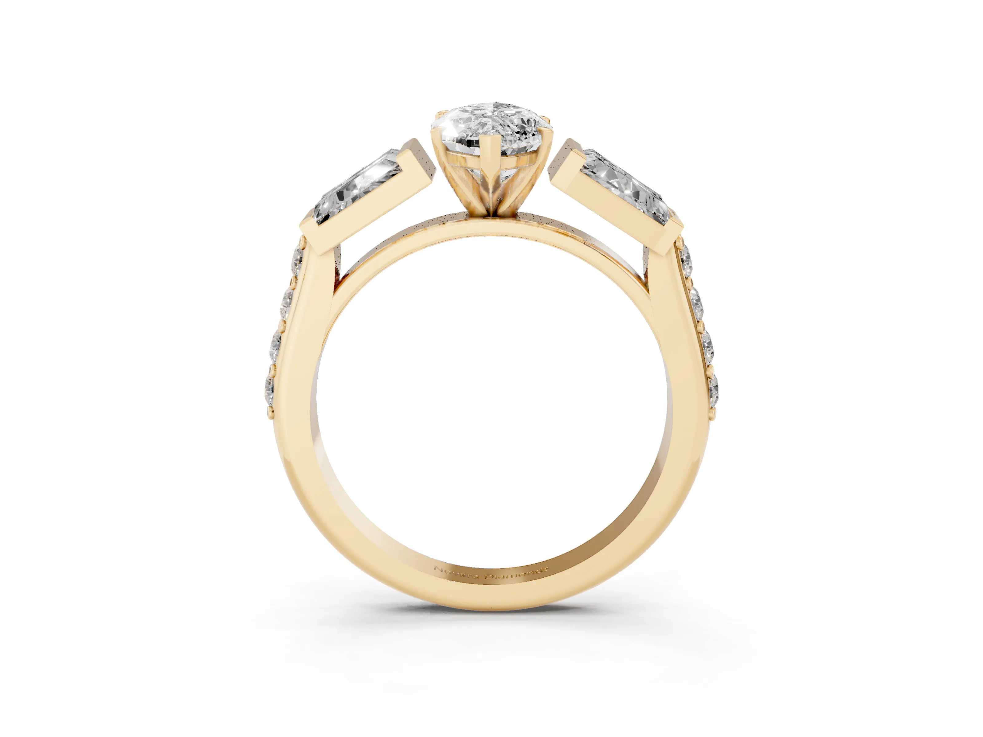 Marquise Cut Diamond Engagement Ring Set in Yellow gold with Baguette Side Stones and Channel Set Band