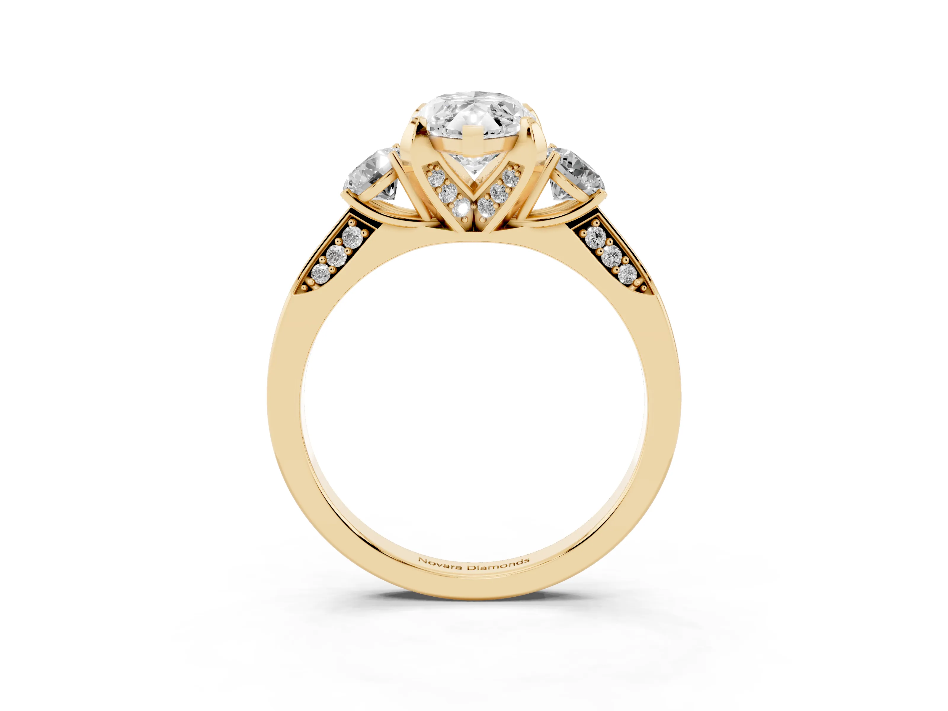 Marquise Cut Diamond Three-Stone Ring Set in Yellow gold with Pavé Band and Smaller Side Stones