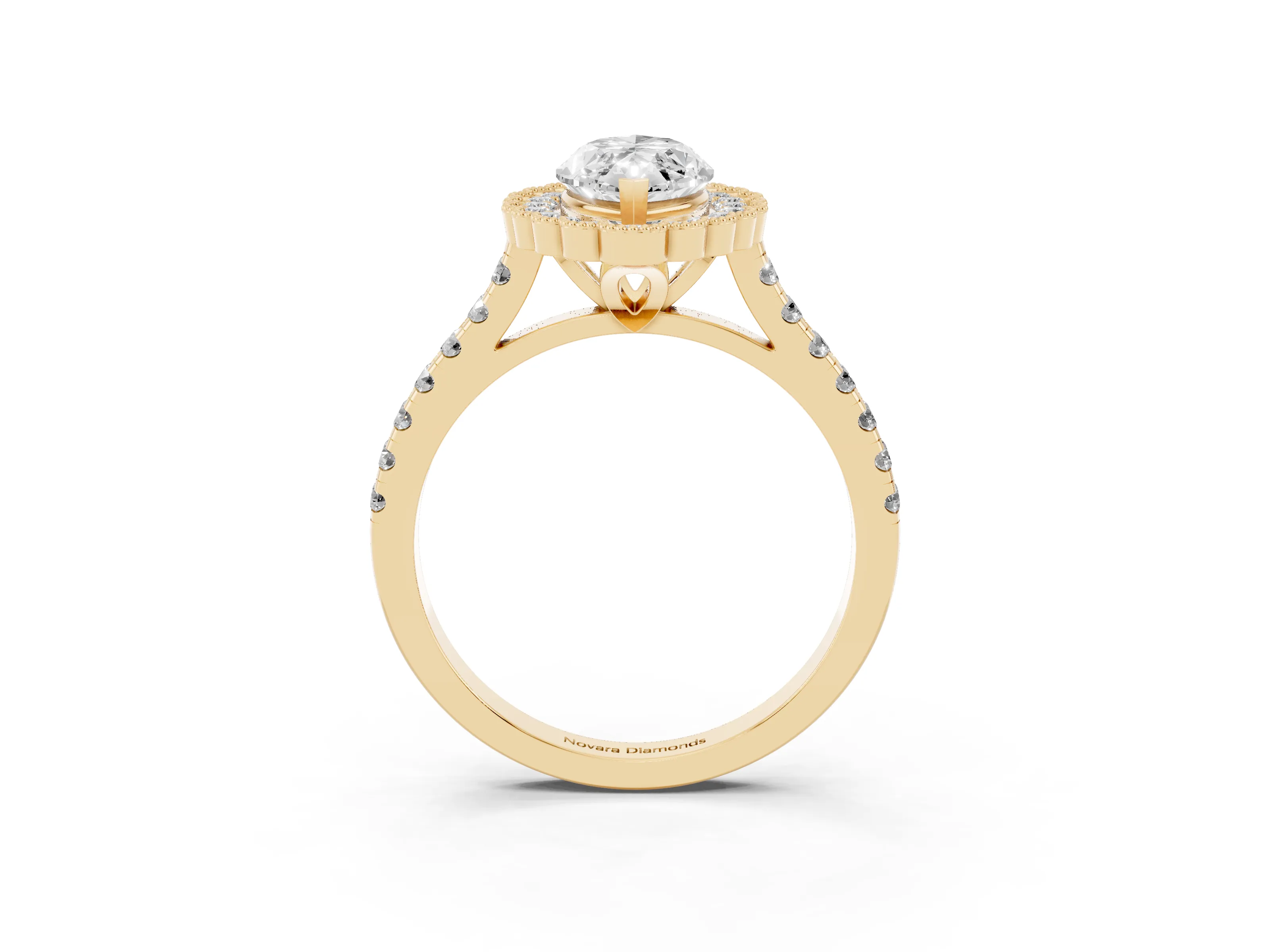 Marquise Cut Diamond Milgrain Floral Halo Engagement Ring Set in Yellow gold with Pavé Band