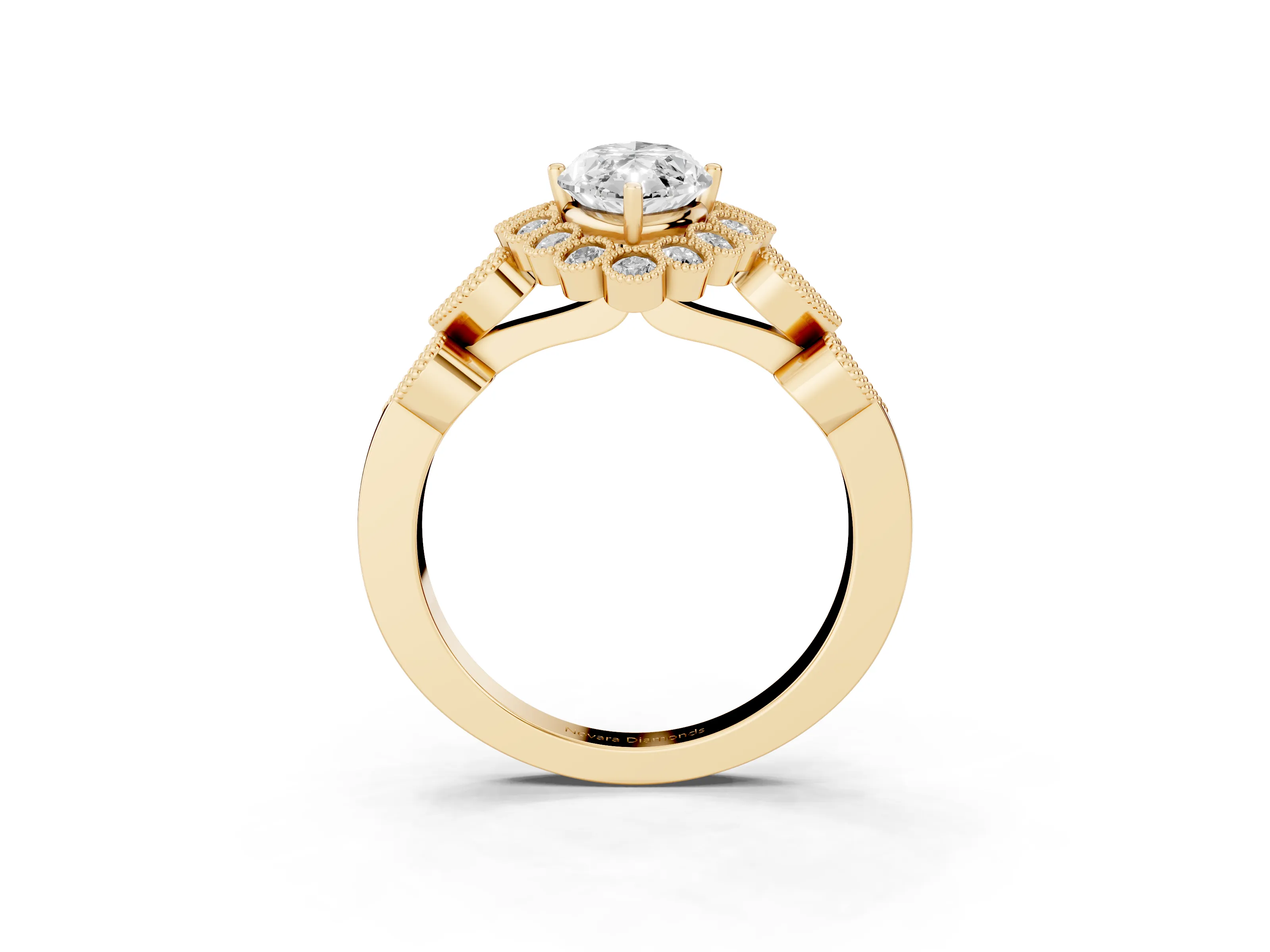 Marquise Cut Diamond Solitaire Ring Set in Yellow gold with Milgrain Pavé Heart Band