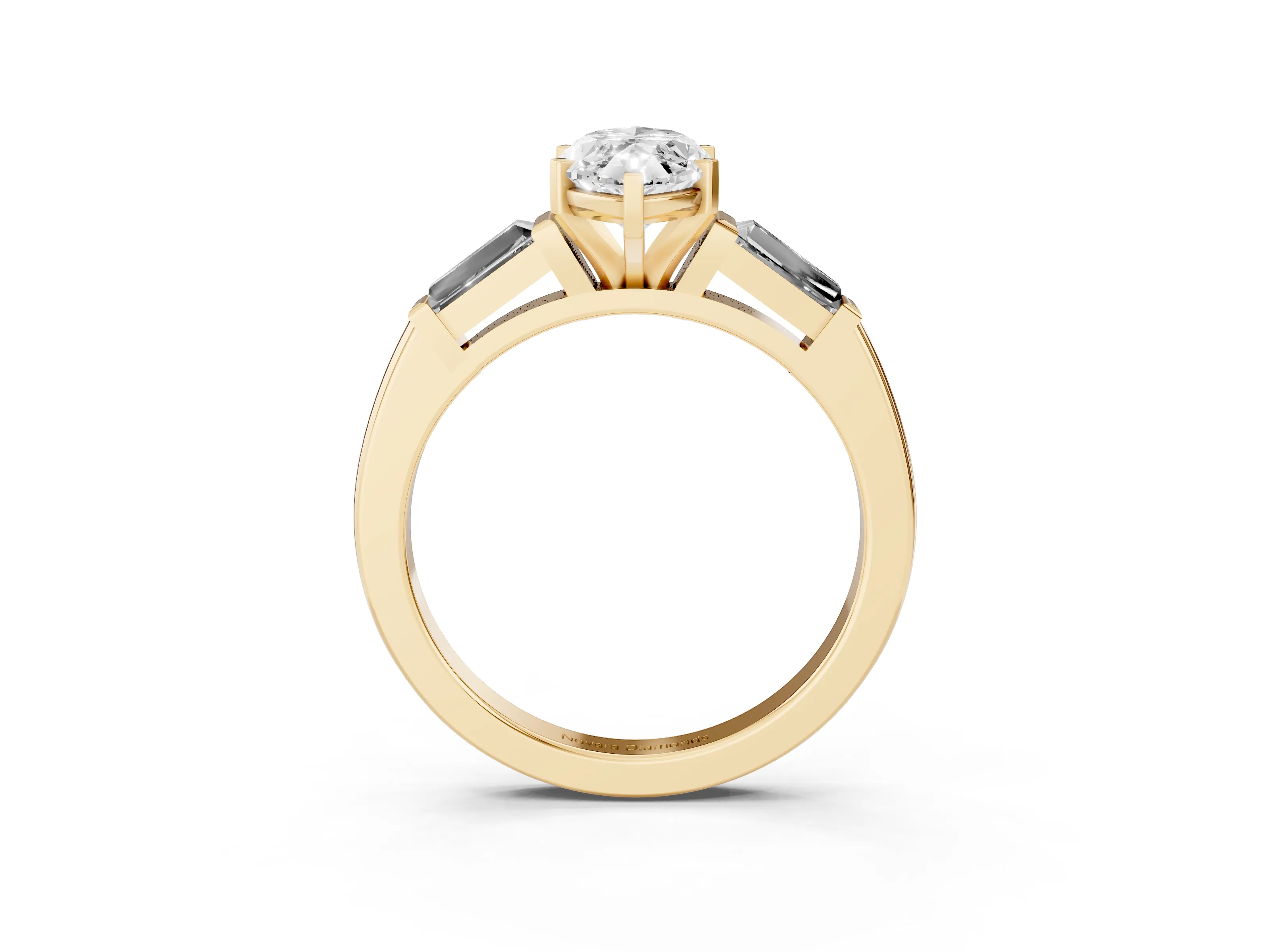 Marquise Cut Diamond Solitaire Ring Set in Yellow gold with Tapered Baguette Side Stones and Prong Setting