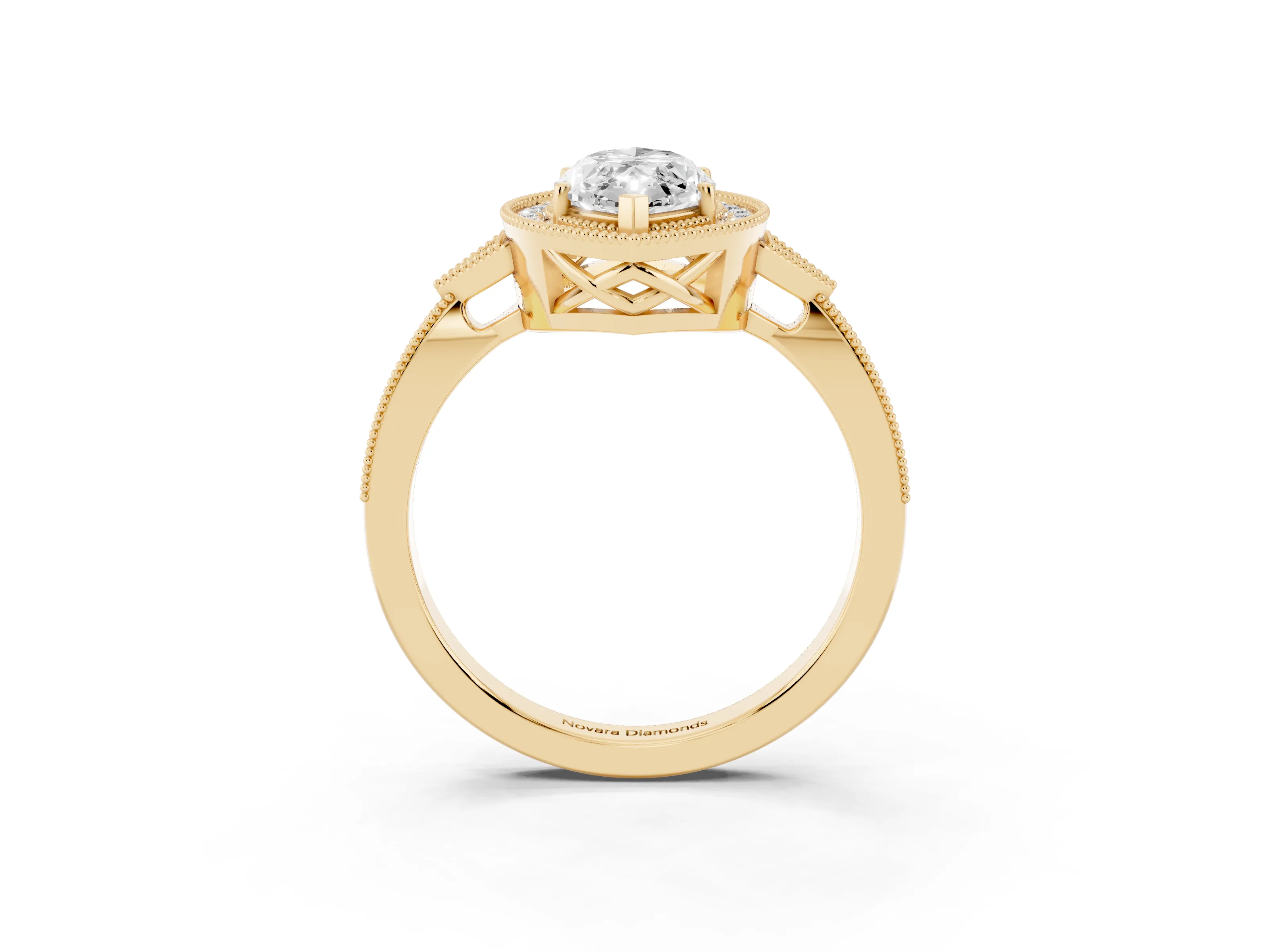 Marquise Cut Diamond Halo Engagement Ring Set in Yellow gold with Milgrain Pavé Band