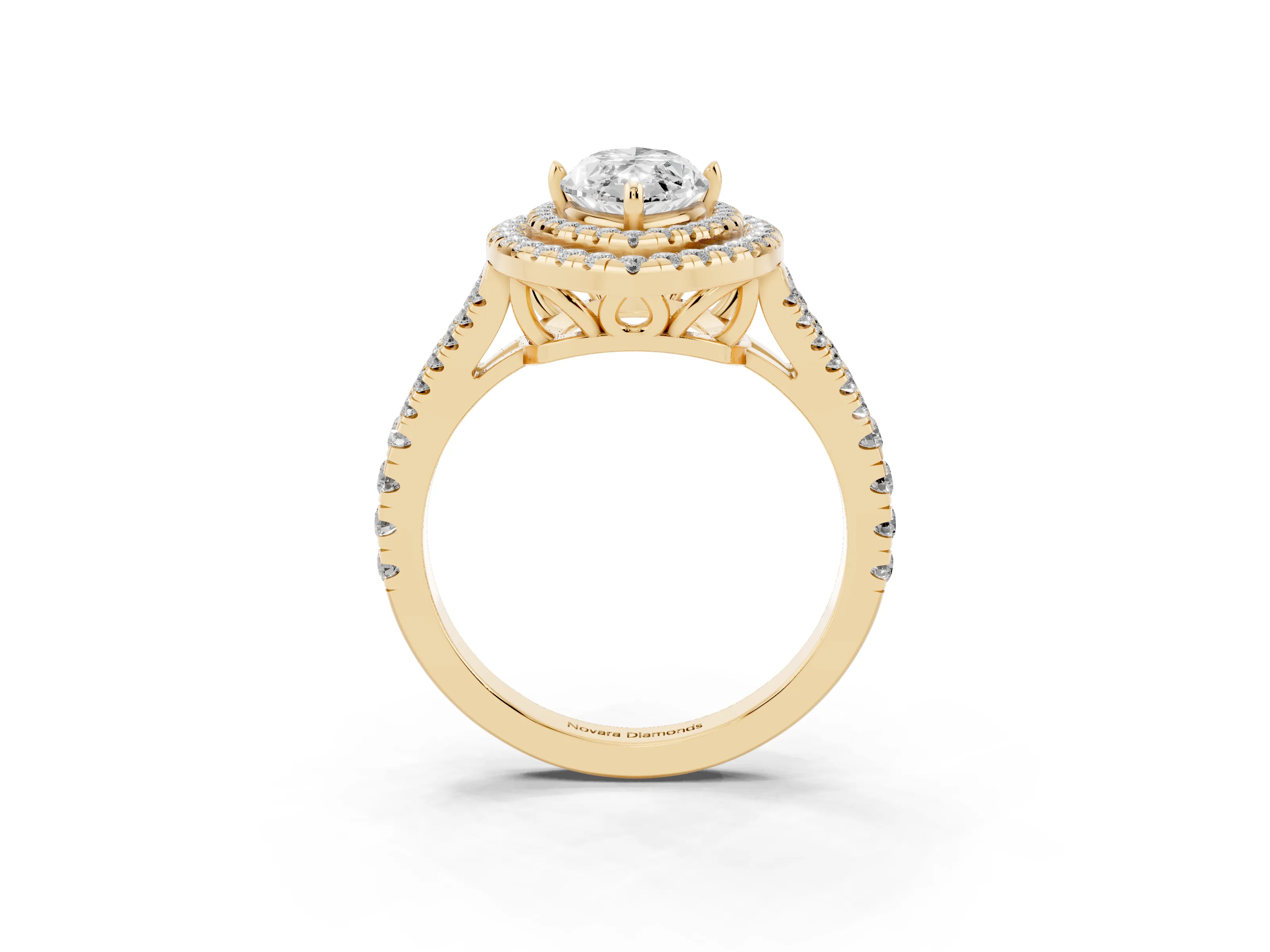 Marquise Cut Diamond Double Halo Ring Set in Yellow gold with Pavé Band