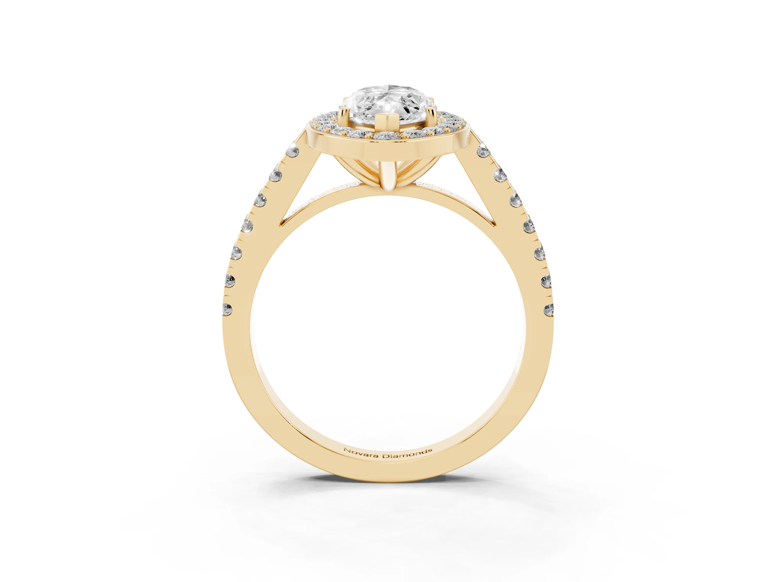 Marquise Cut Diamond Halo Ring Set in Yellow gold with Round Pavé Split Shank and Prong Setting