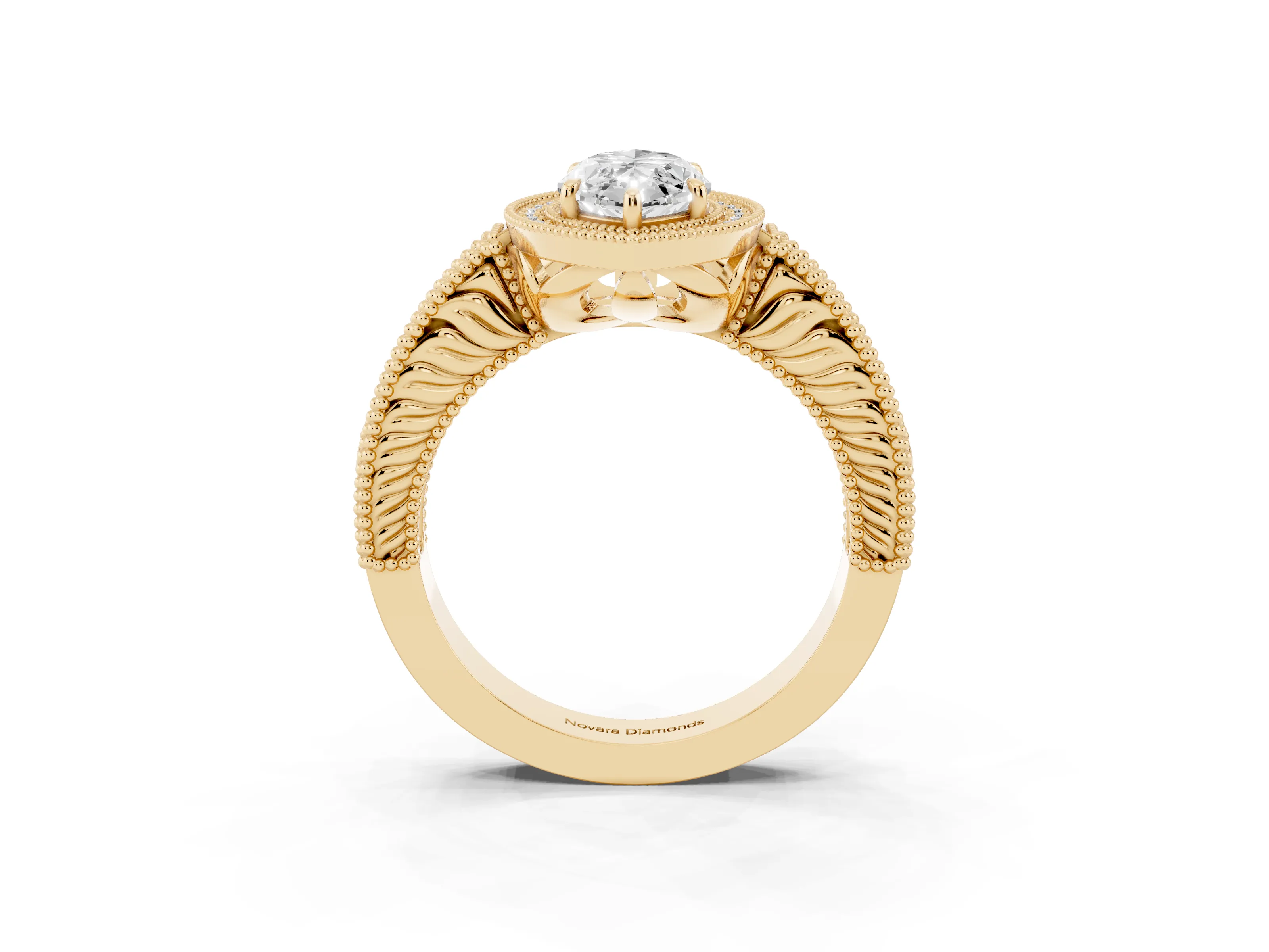 Marquise Cut Diamond Halo Ring Set in Yellow gold with Round Accent Halo, Pavé Band and Prong Setting