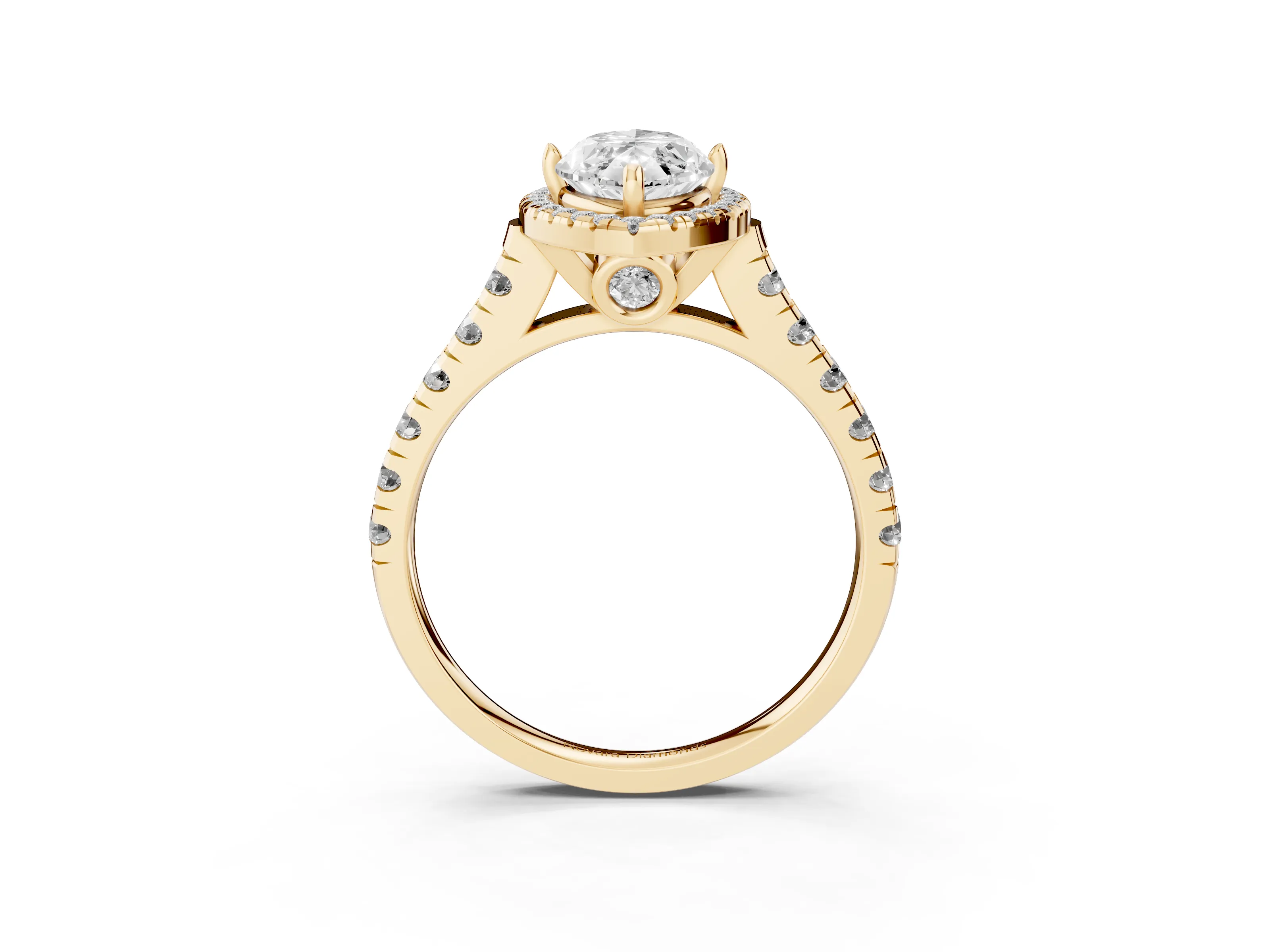 Marquise Cut Diamond Halo Engagement Ring Set in Yellow gold with Pavé Band and Prong-Set Center