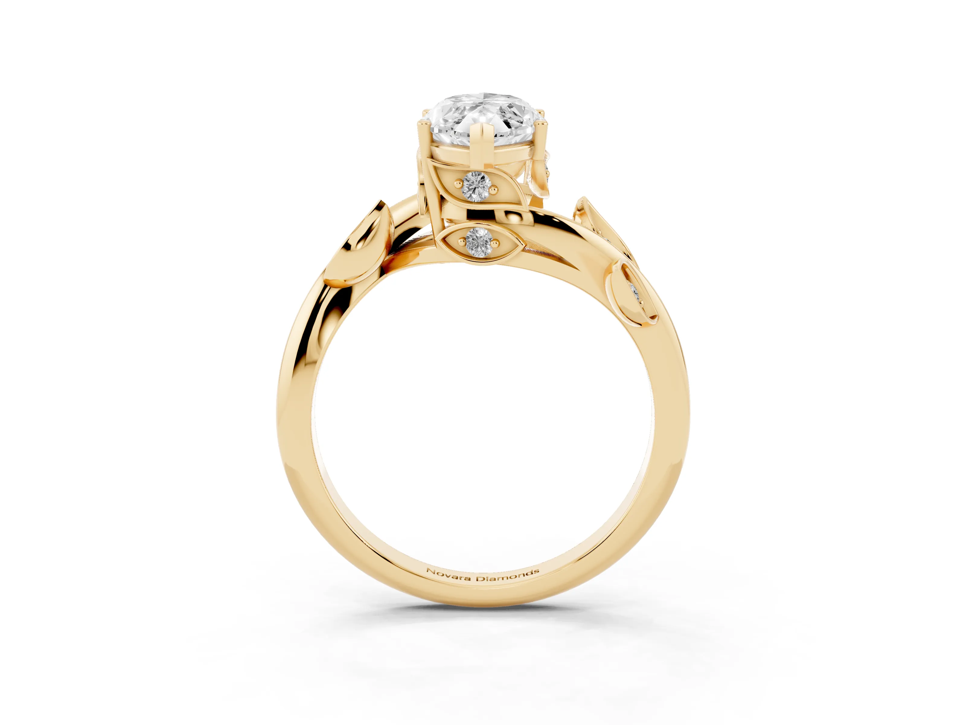 Marquise Cut Diamond Solitaire Twist Engagement Ring Set in Yellow gold with Pavé Leaf Accents