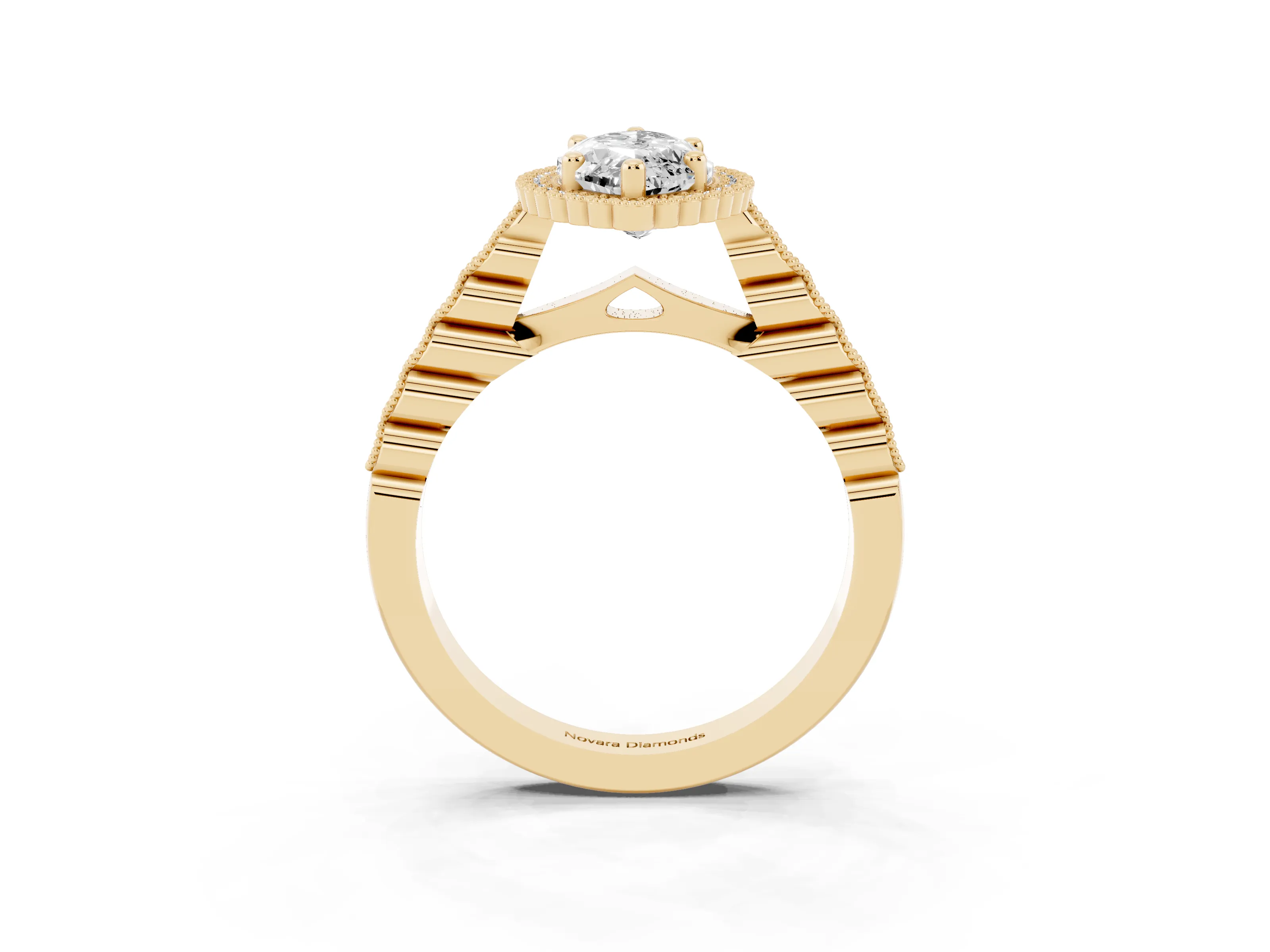 Marquise Cut Diamond Halo Ring Set in Yellow gold with Pavé Milgrain Band