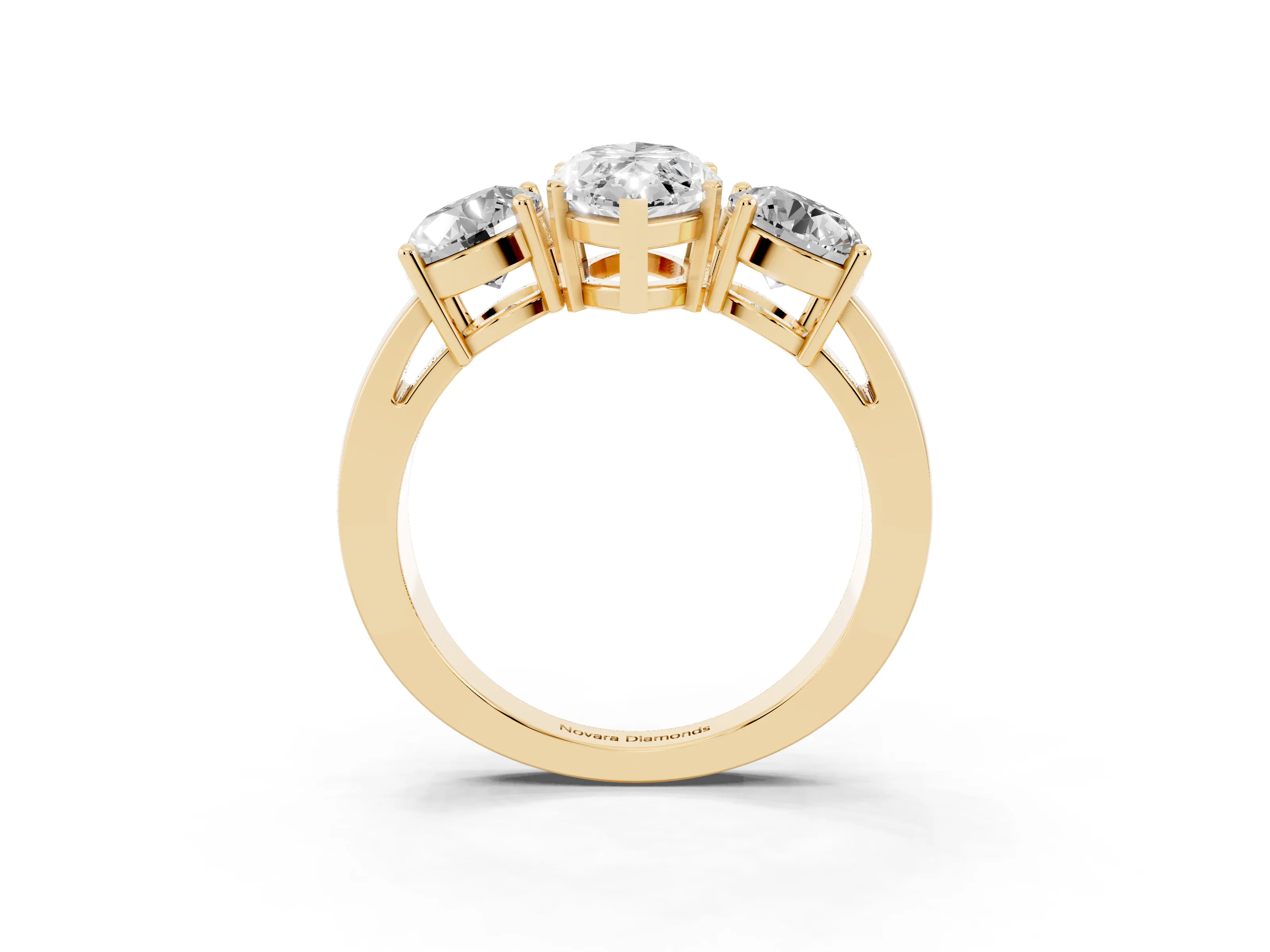 Marquise Cut Diamond Three-Stone Ring Set in Yellow gold with Round Side Stones and Classic Band