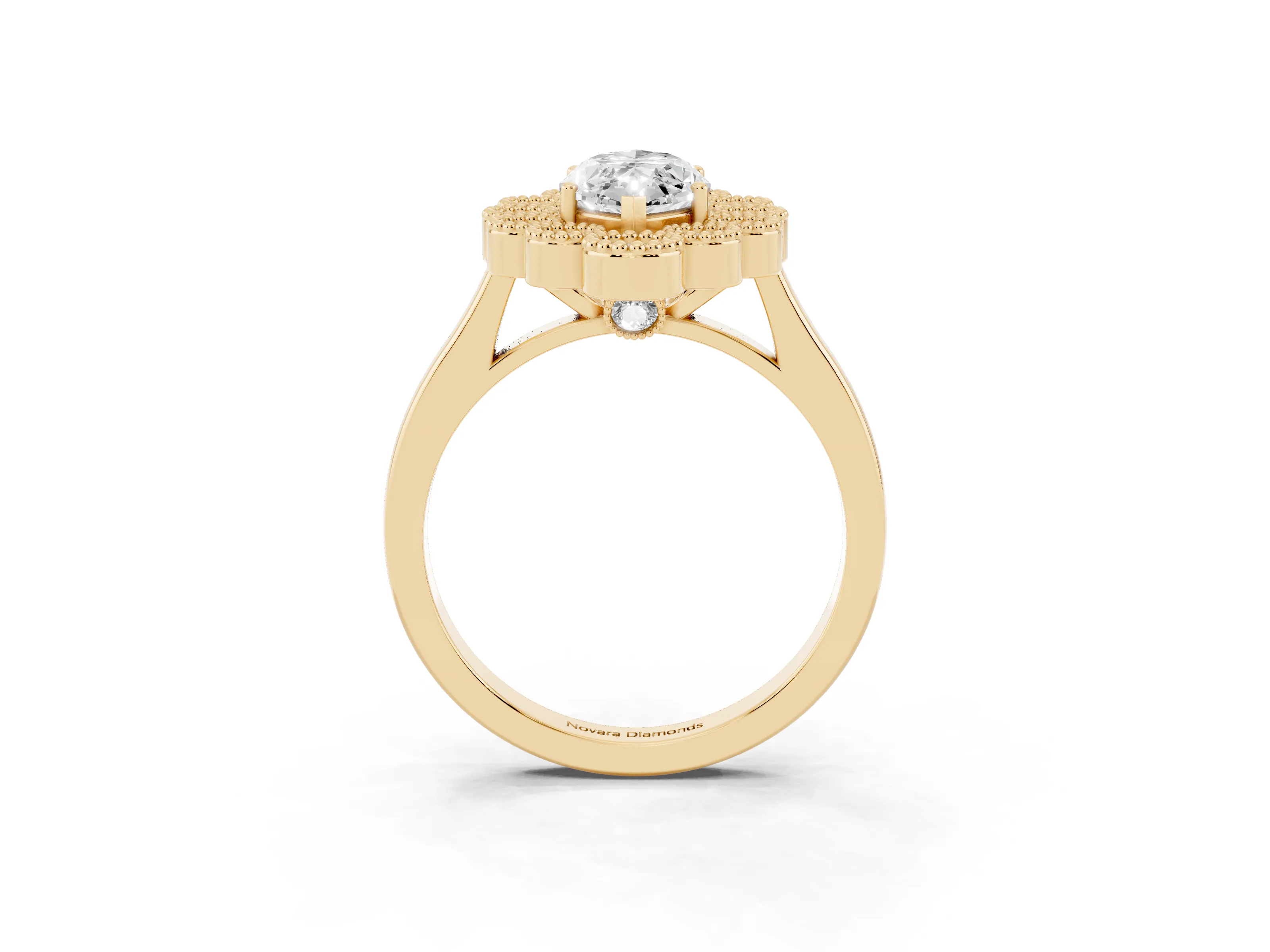Marquise Cut Diamond Cluster Halo Ring Set in Yellow gold with Milgrain Bezel Accents and Plain Band