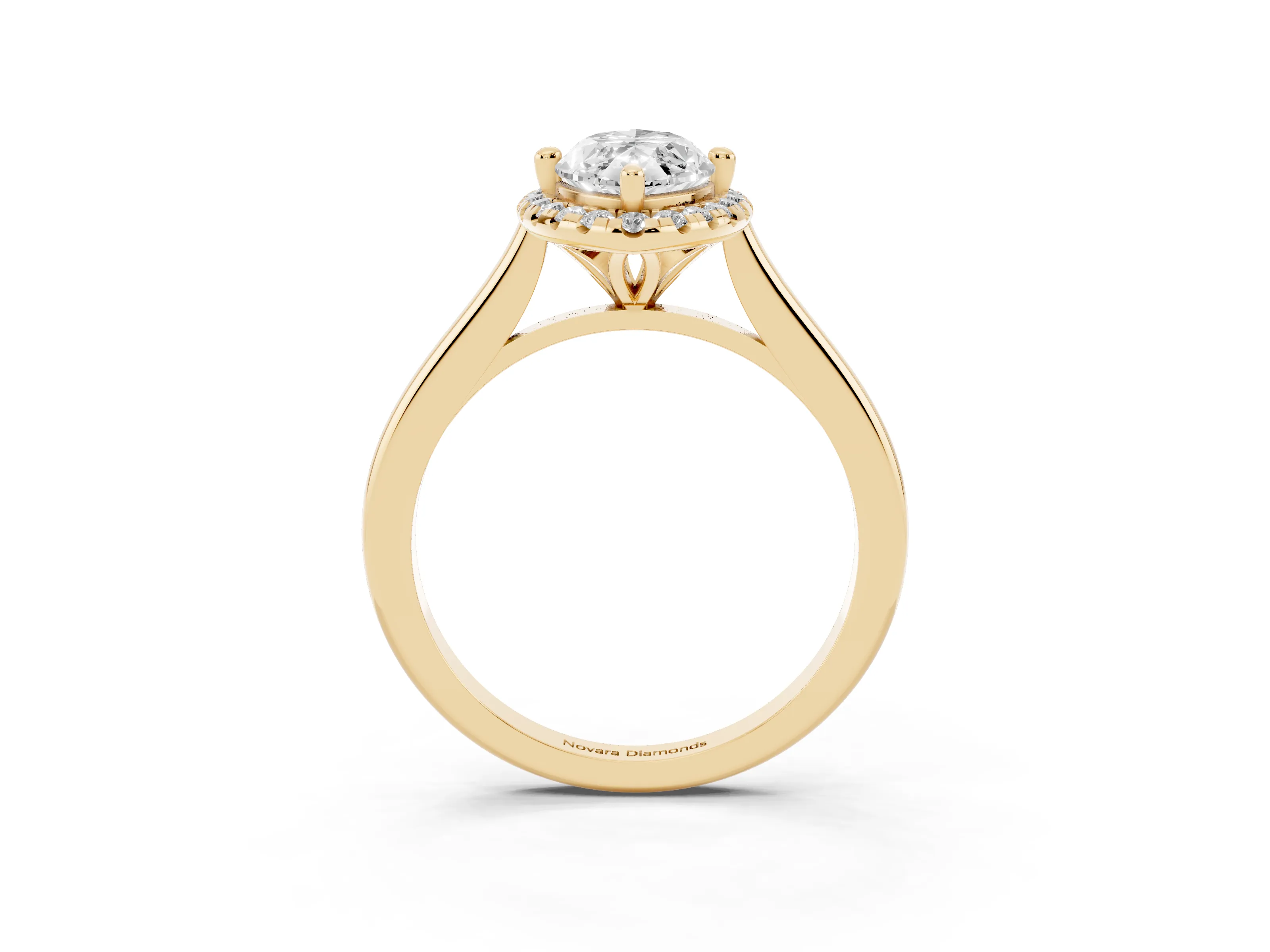 Marquise Cut Diamond Halo Engagement Ring Set in Yellow gold with Pavé Band and Rising Shoulders