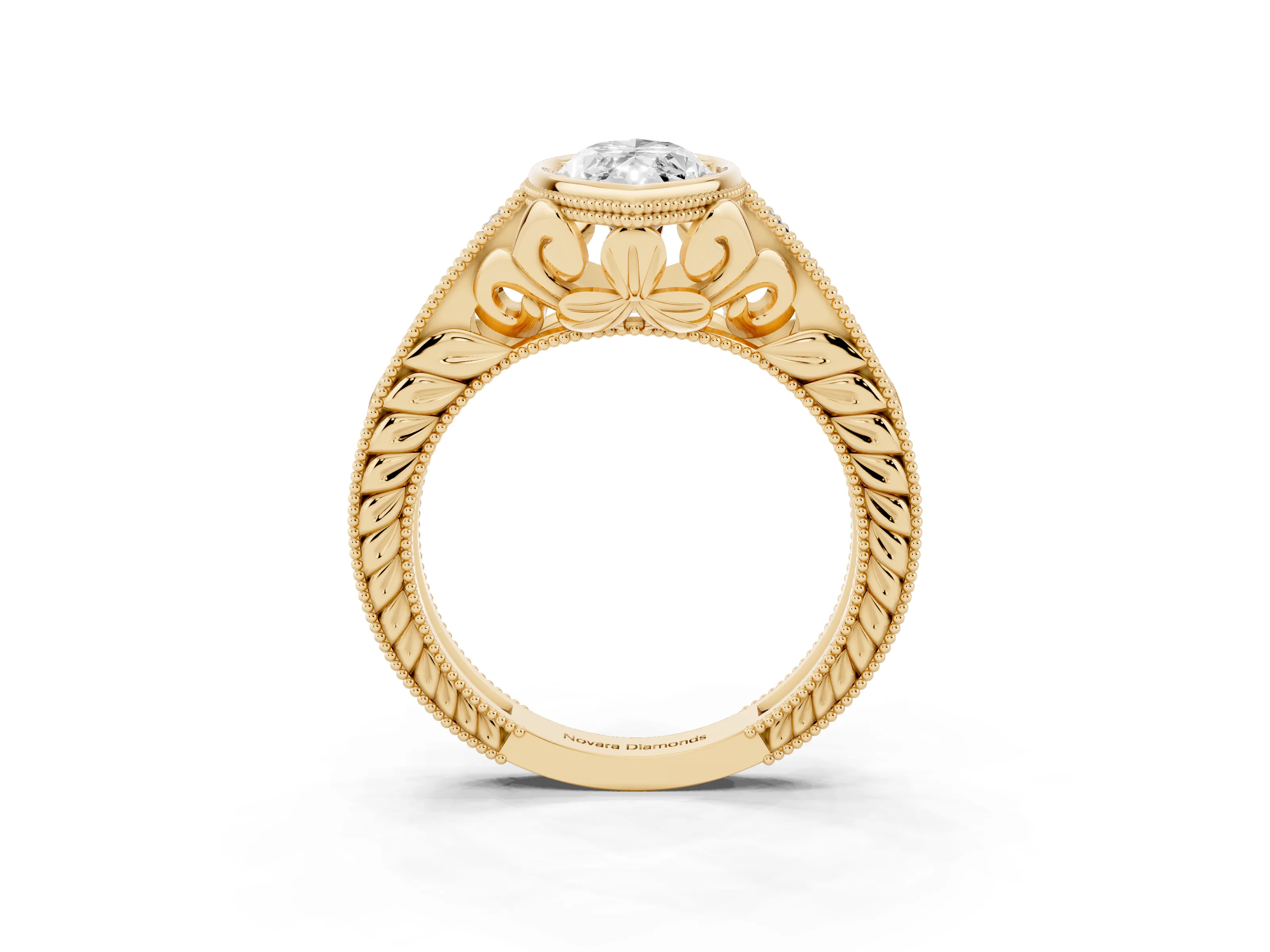Bezel Set Marquise Cut Diamond Milgrain Pavé Engagement Ring Set in Yellow gold