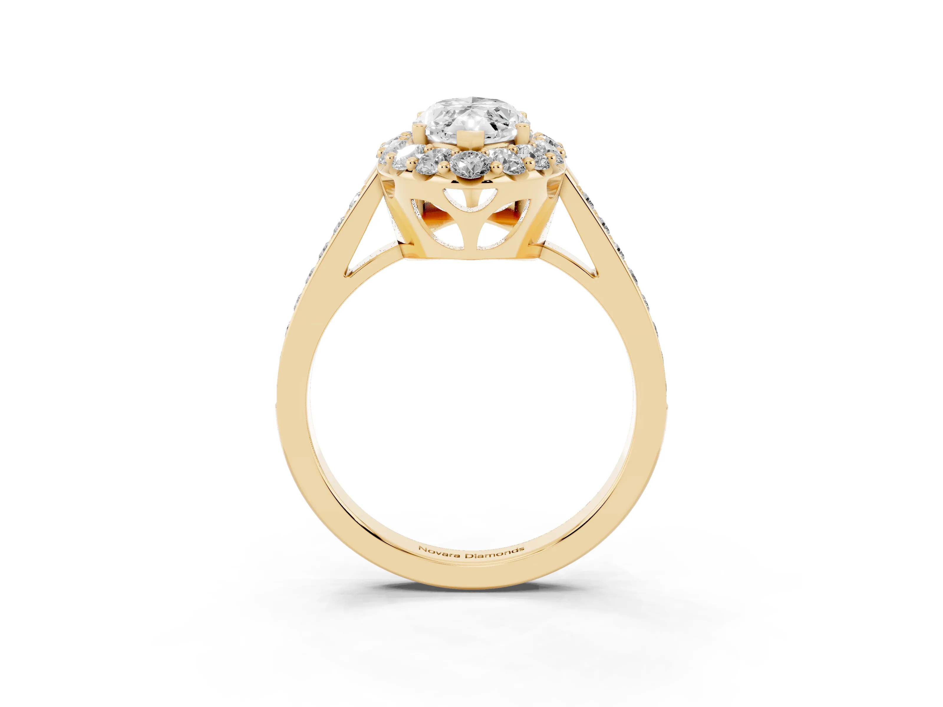 Marquise Cut Diamond Floral Halo Ring Set in Yellow gold with Pavé Band and Prong Setting