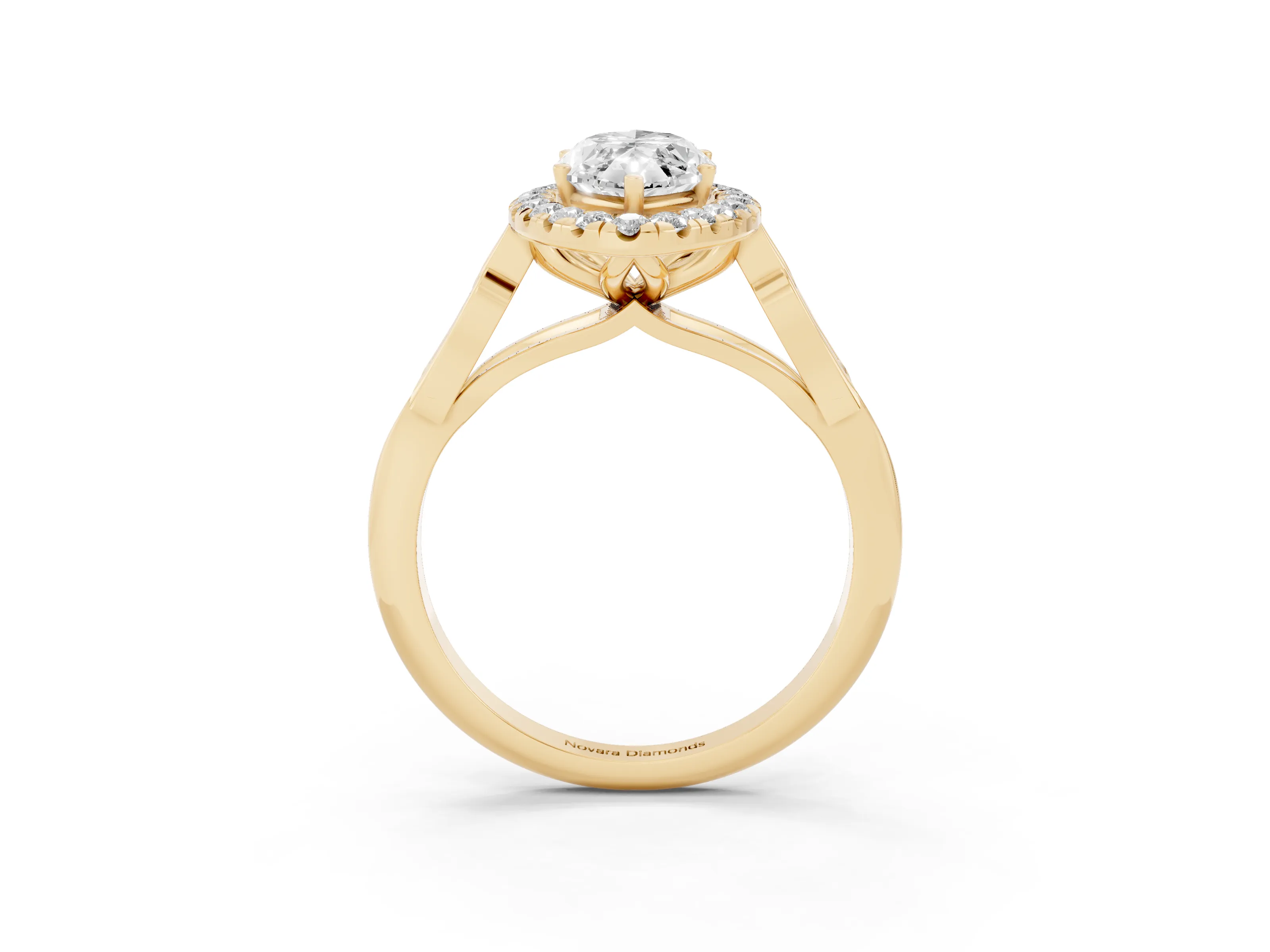 Marquise Cut Diamond Halo Engagement Ring Set in Yellow gold with Filigree Band and Prong-Set Center