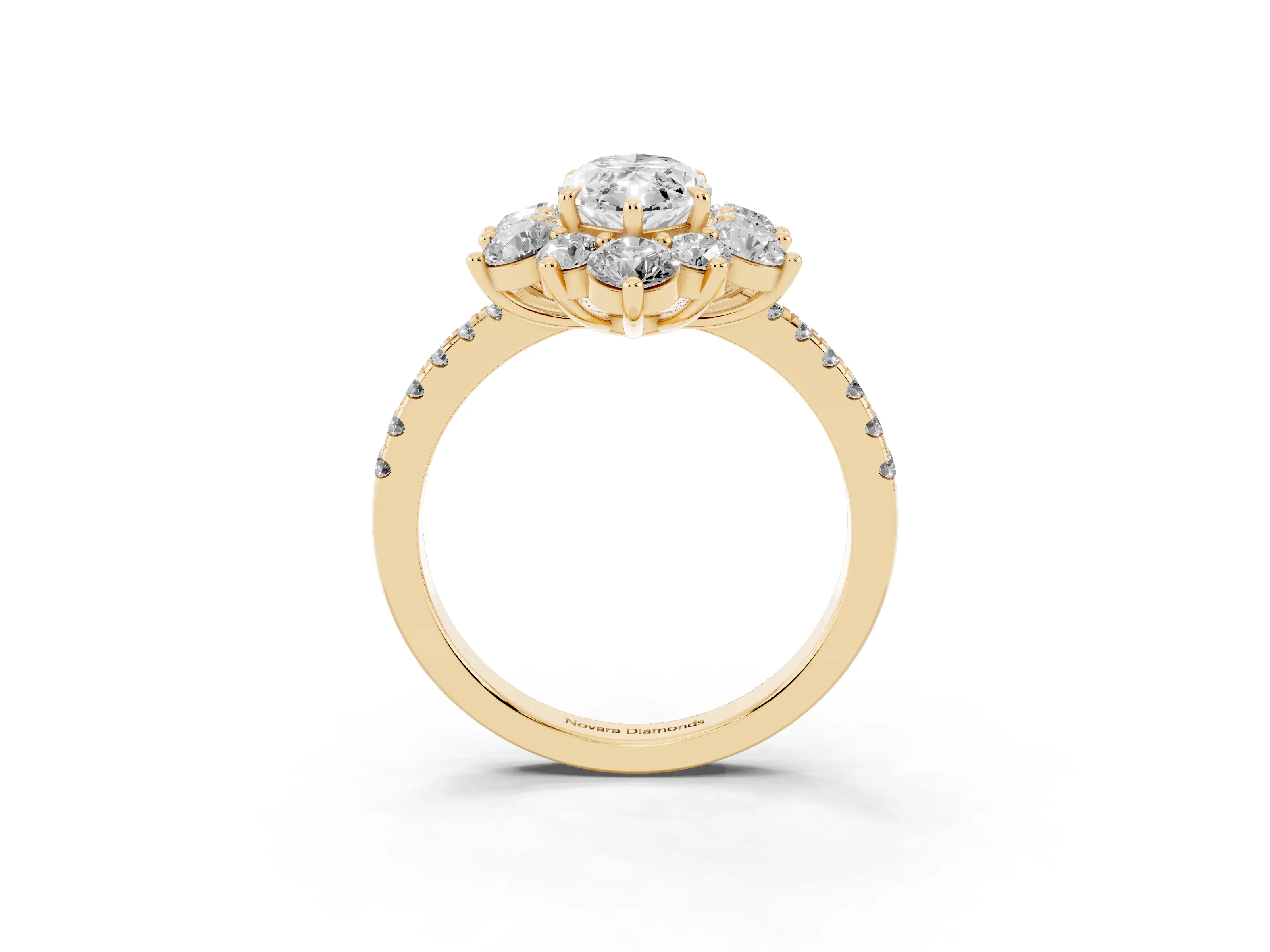Marquise Cut Diamond Floral Halo Ring Set in Yellow gold with Round Pavé Band and Prong Setting