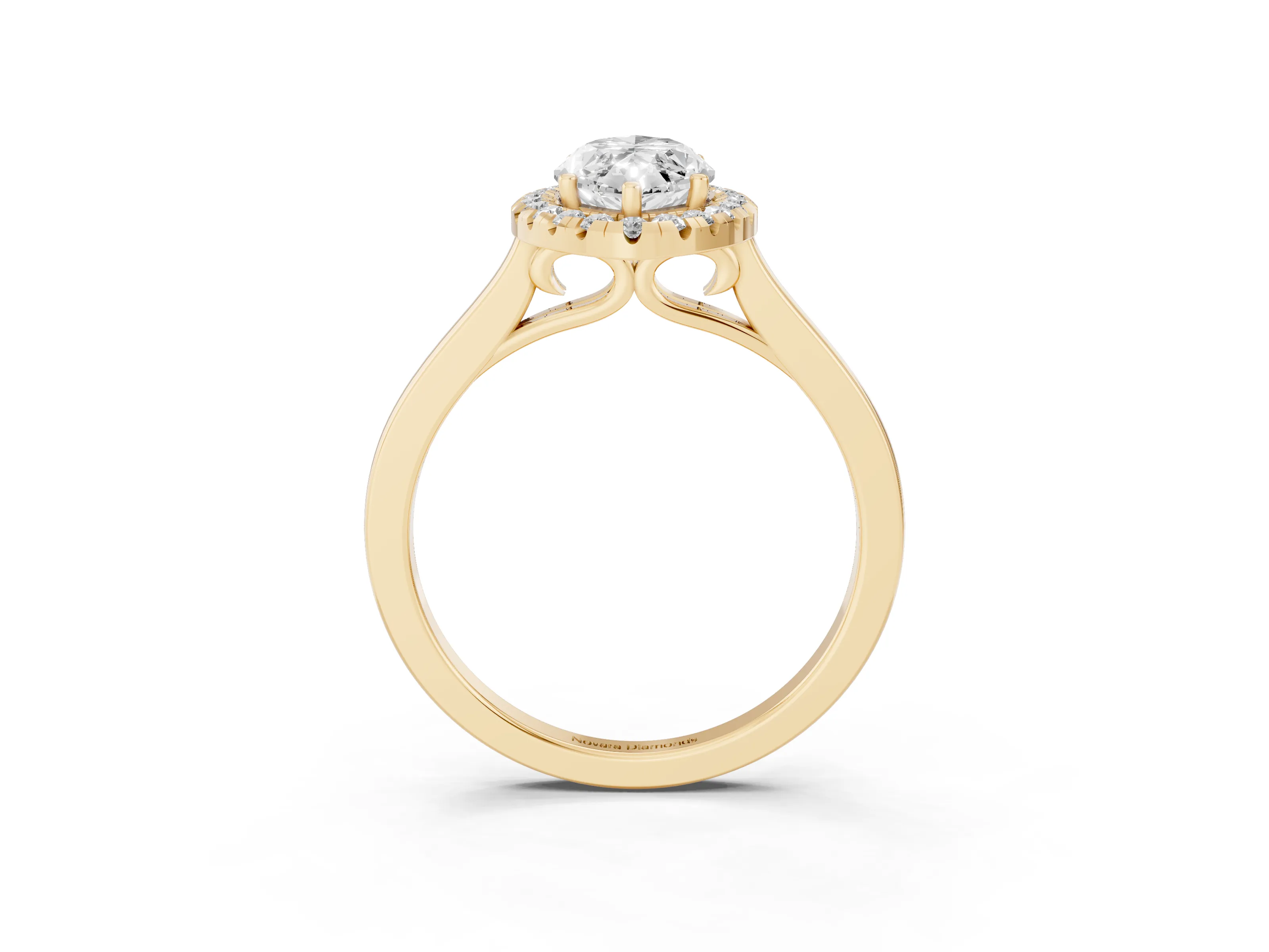 Marquise Cut Halo Round Diamond Solitaire Ring Set in Yellow gold with Pavé Band and Prong Setting