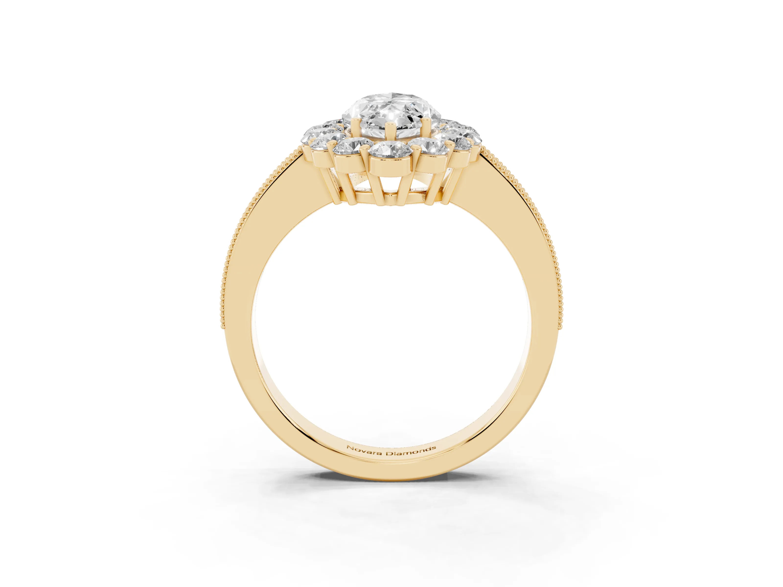 Marquise Cut Diamond Halo Pavé Engagement Ring Set in Yellow gold with Milgrain Detailing