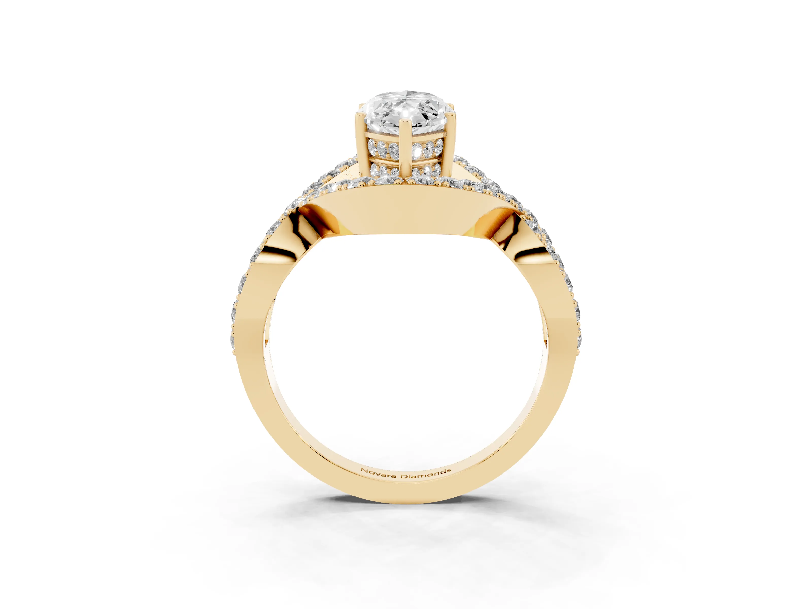 Marquise Cut Diamond Solitaire Twist Band Pavé Engagement Ring Set in Yellow gold