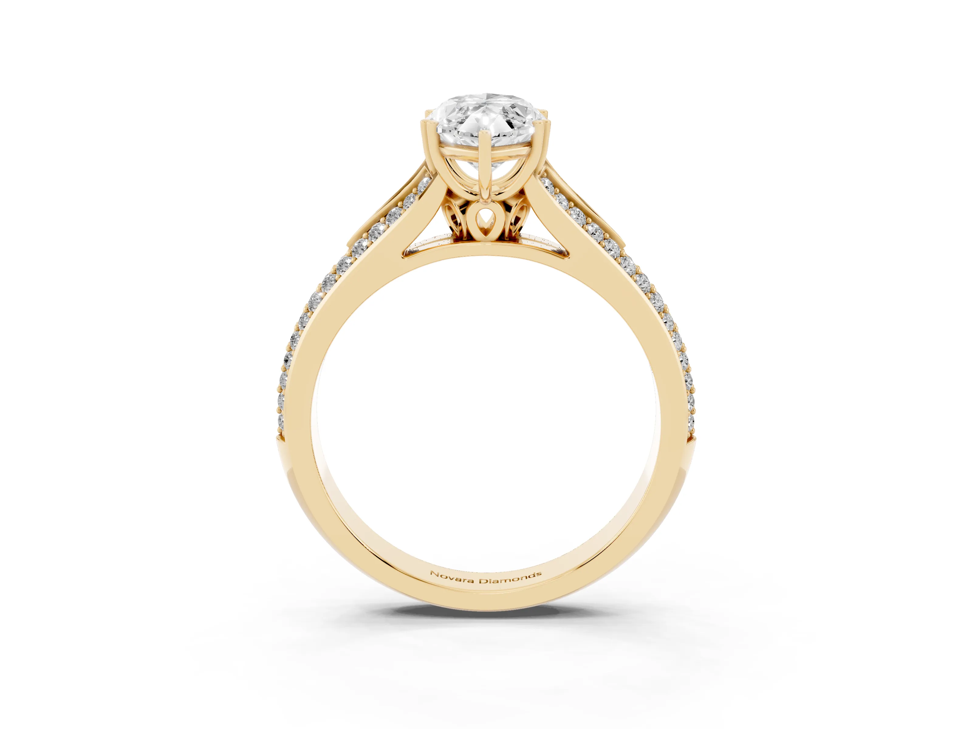 Marquise Cut Diamond Split Shank Pavé Engagement Ring Set in Yellow gold with Prong-Set Center Stone