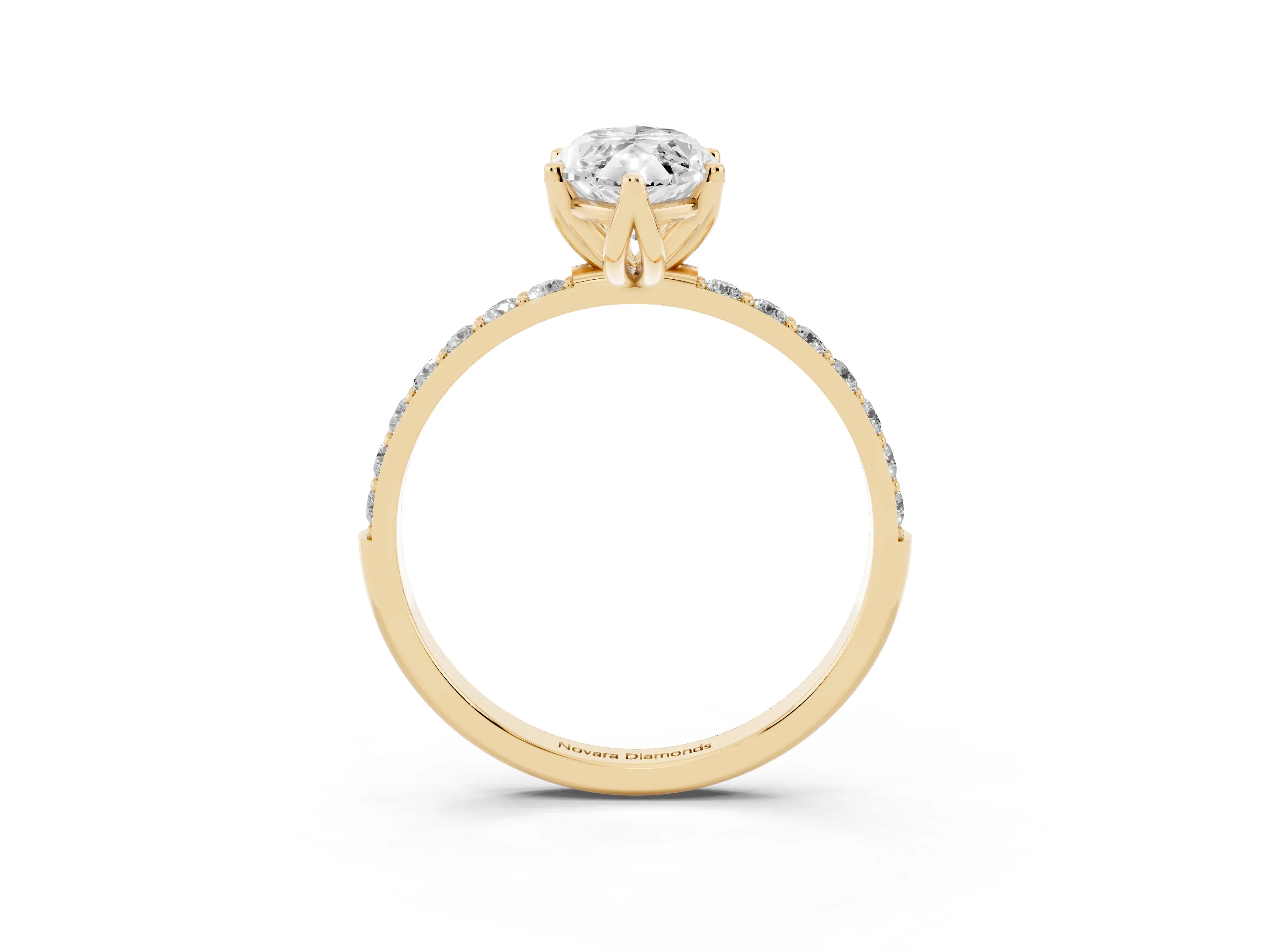 Marquise Cut Diamond Solitaire Engagement Ring Set in Yellow gold with Round Pavé Band and Prong Setting