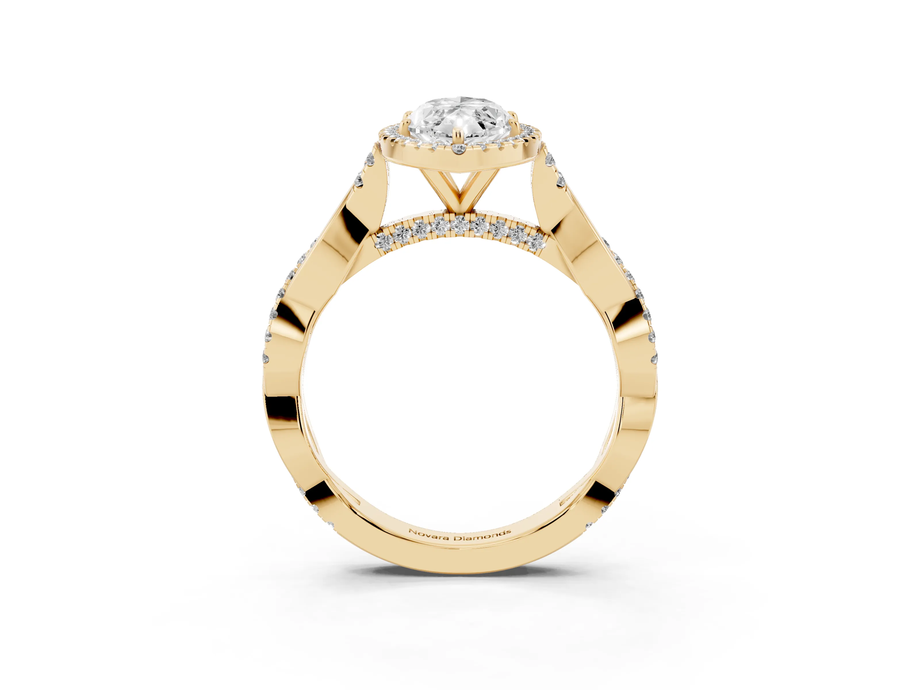 Marquise Cut Diamond Halo Twist Band Solitaire Ring Set in Yellow gold with Prong Setting