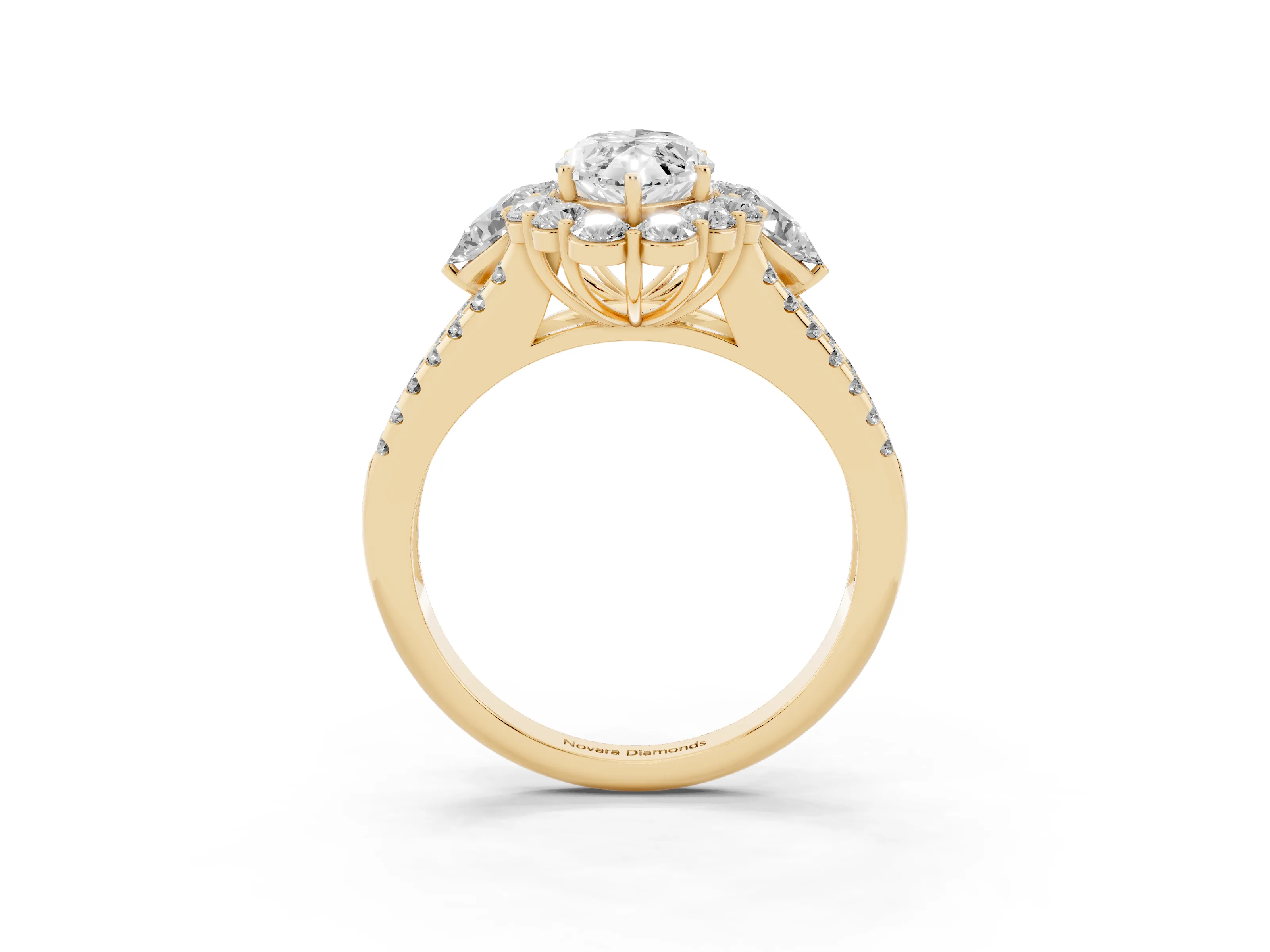 Marquise Cut Diamond Halo Split Shank Engagement Ring Set in Yellow gold with Prong-Held Center Stone