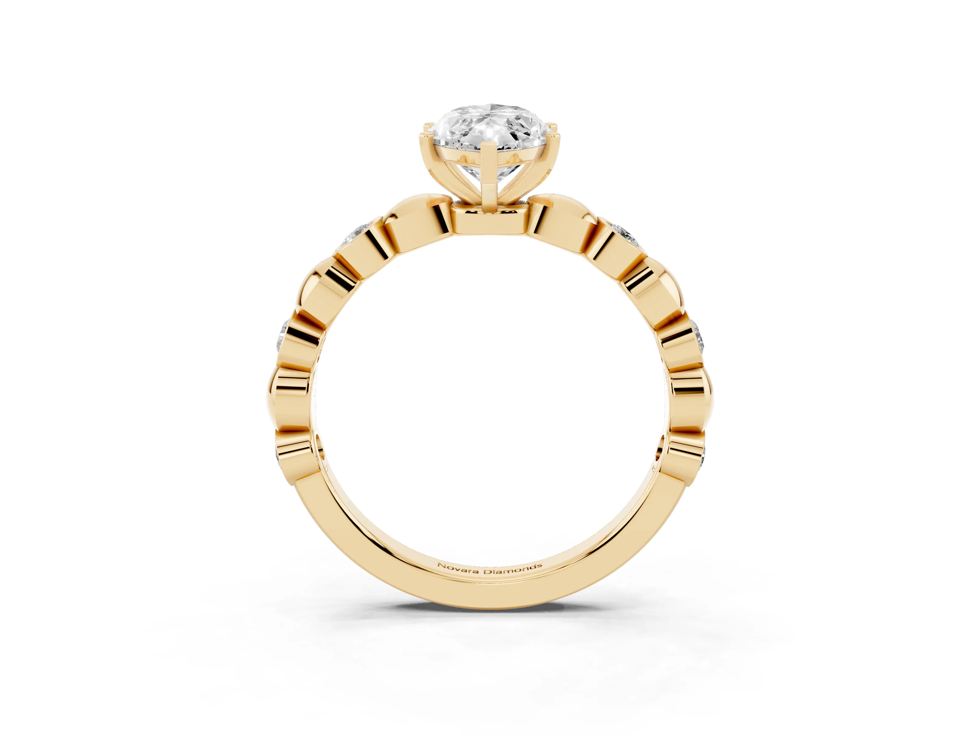 Marquise Cut Diamond Solitaire Ring Set in Yellow gold with Bezel-Set Accents on Beaded Band and Prong Setting