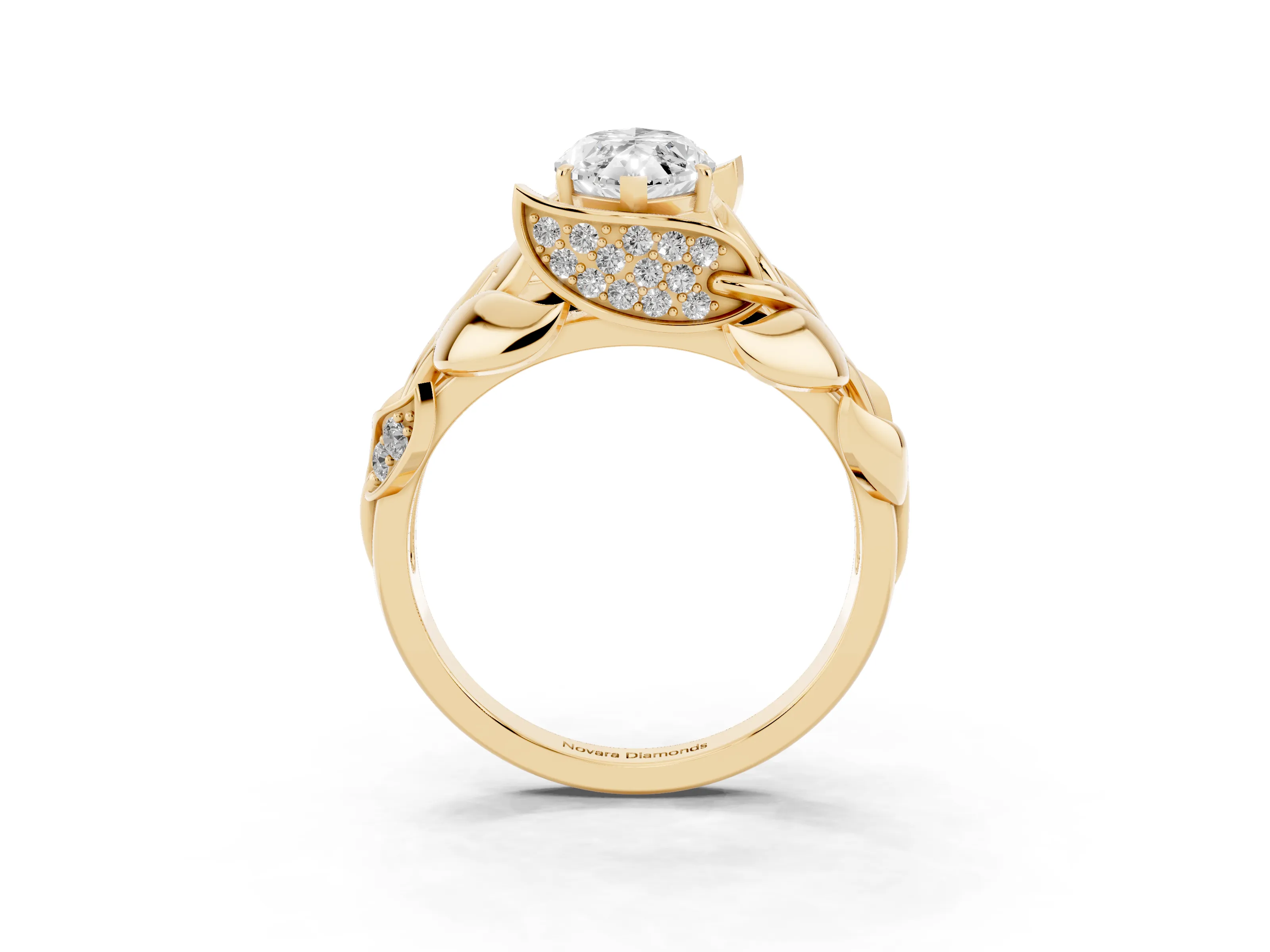 Marquise Cut Diamond Leaf-Inspired Engagement Ring Set in Yellow gold with Round Accents