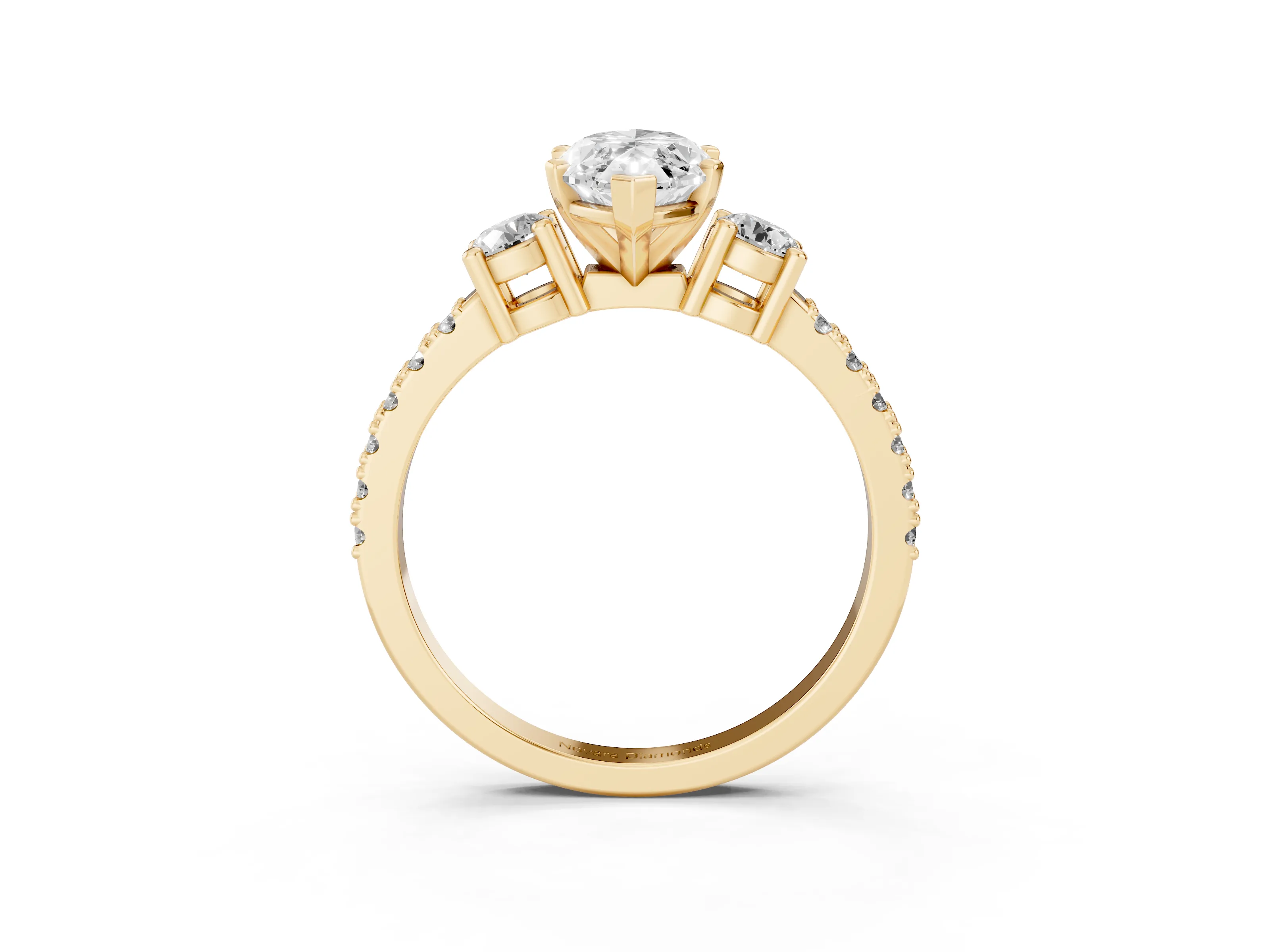 Three-Stone Marquise Cut Diamond Pavé Band Ring Set in Yellow gold with Prong Setting