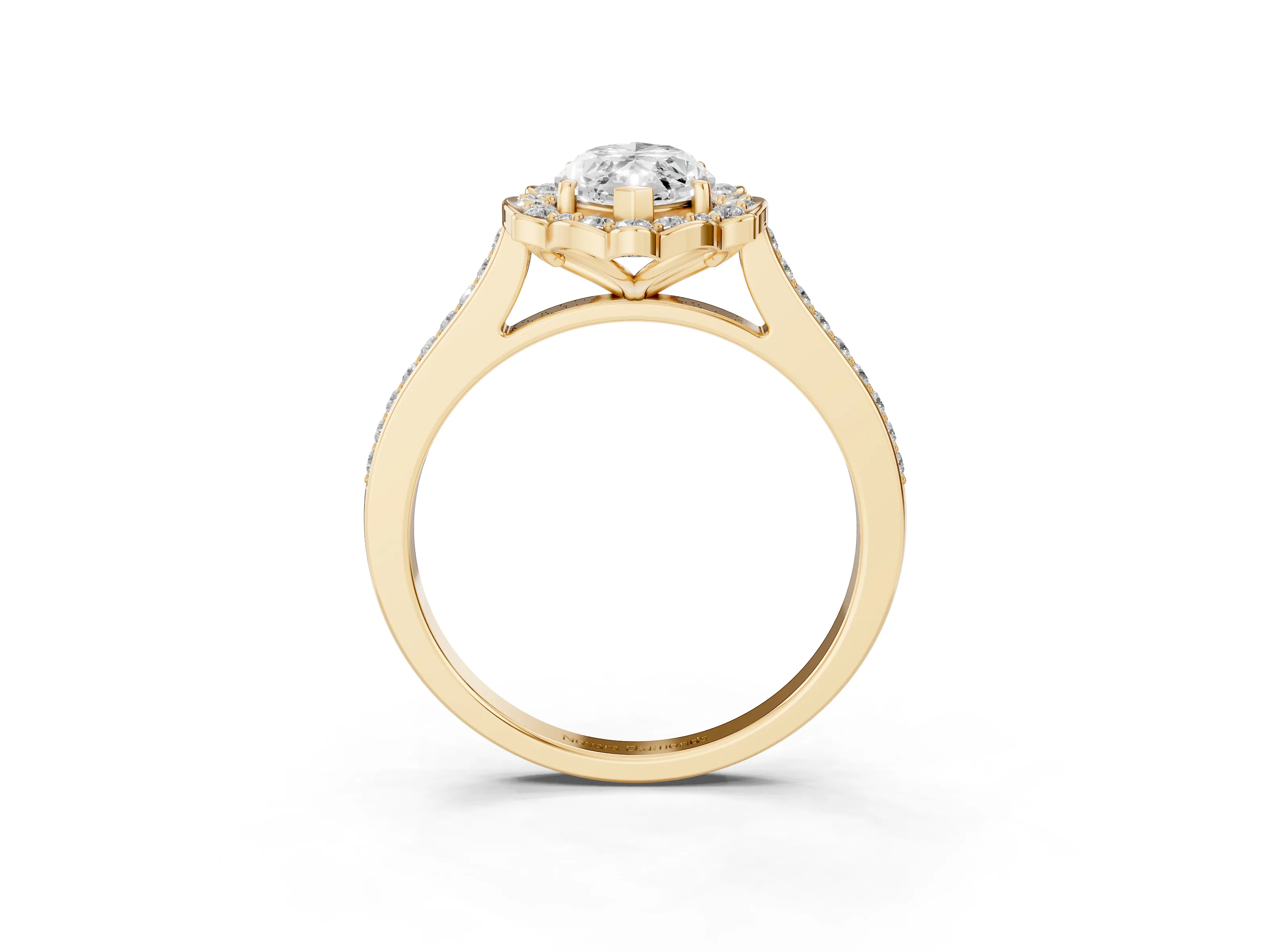 Marquise Cut Diamond Halo Ring Set in Yellow gold with Pavé-Lined Shoulders and Prong Setting