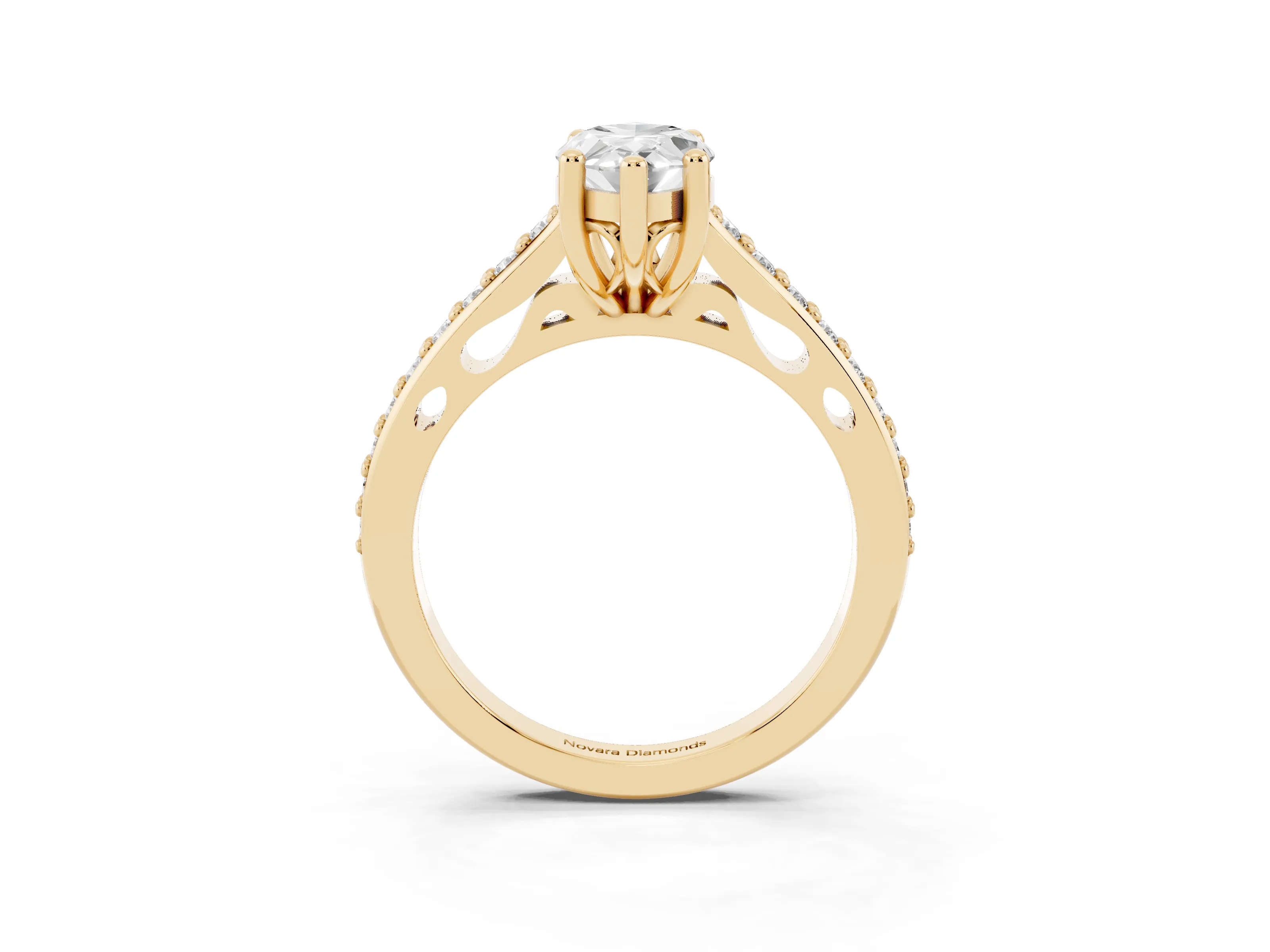 Marquise Cut Diamond Prong Set Solitaire Engagement Ring Set in Yellow gold with Pavé Band