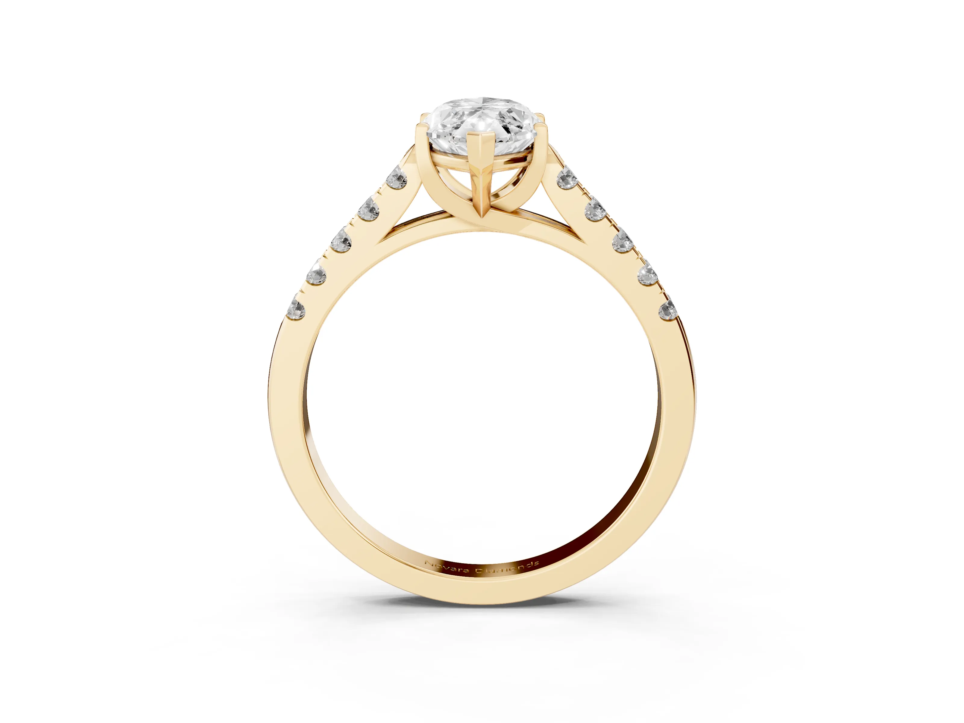 Marquise Cut Diamond Pavé Band Solitaire Ring Set in Yellow gold with Partway Accent Stones and Prong Setting