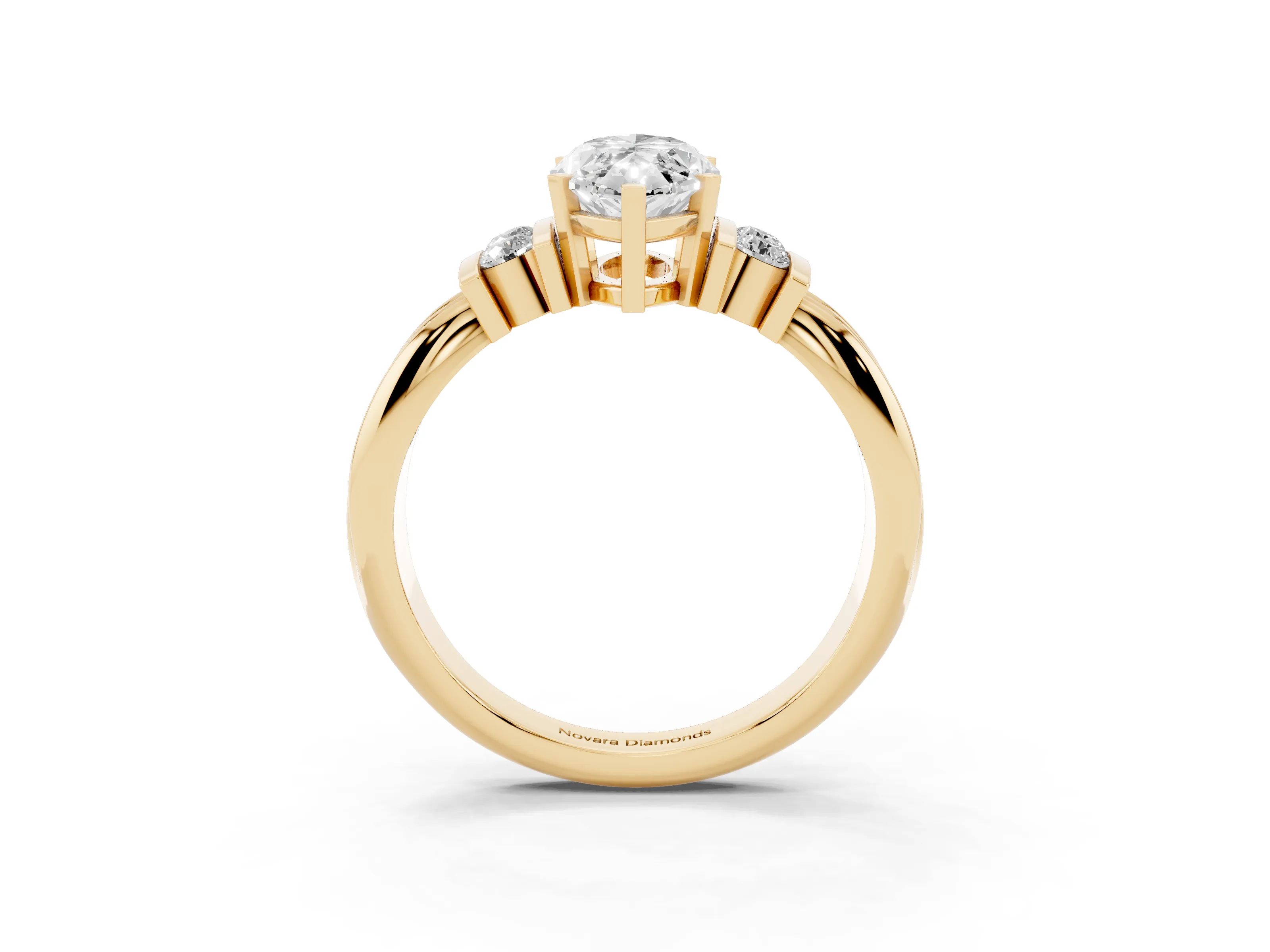 Three-Stone Marquise Cut Diamond Channel Set Ring Set in Yellow gold with Bar Prongs