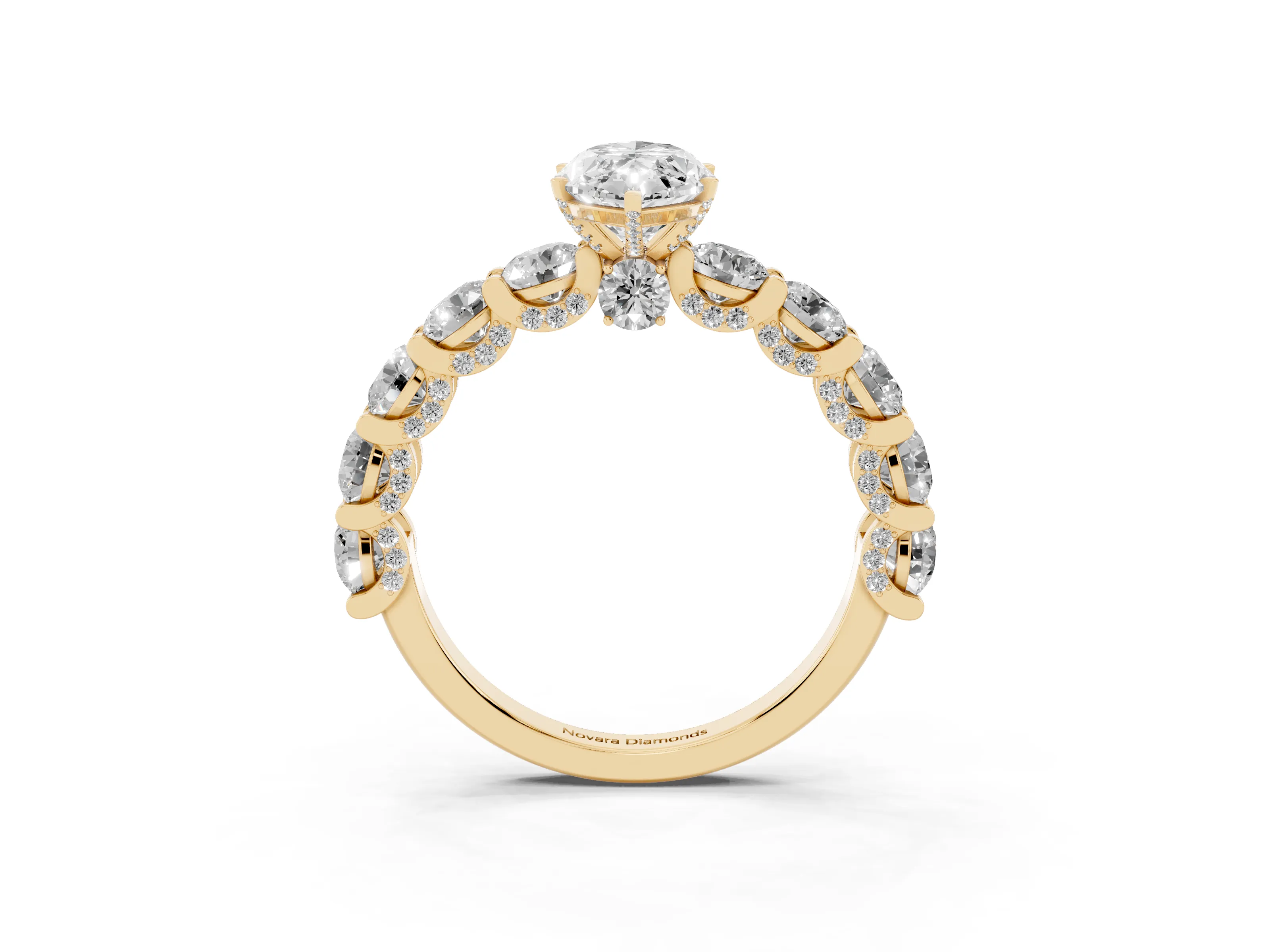 Marquise Cut Diamond Side Stone Ring Set in Yellow gold with Alternating Round and Oval Side Stones