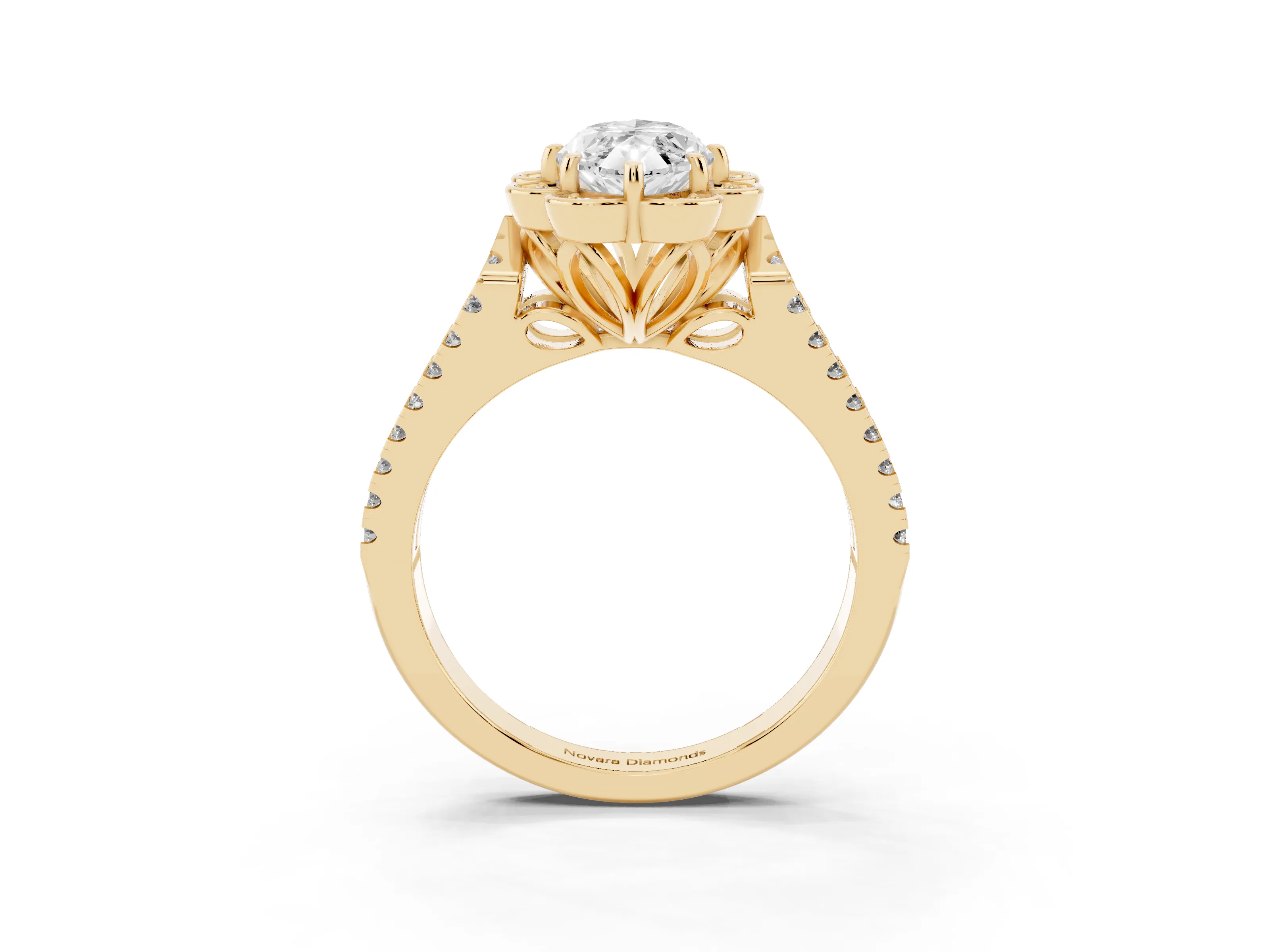 Marquise Cut Diamond Floral Halo Split Shank Engagement Ring Set in Yellow gold with Pavé Shank