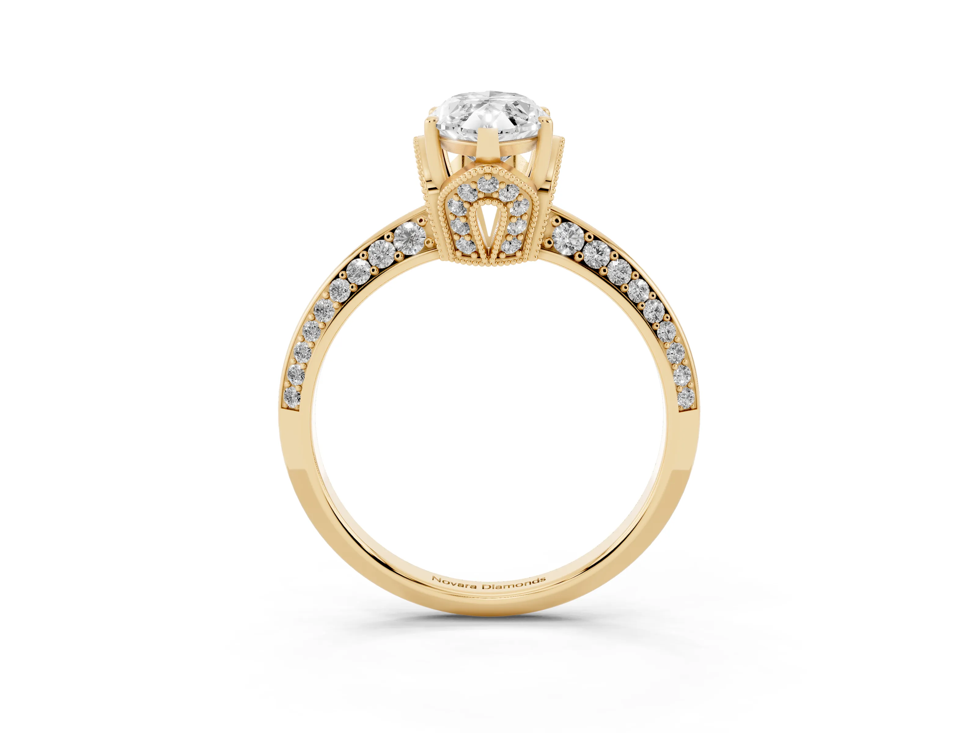 Marquise Cut Diamond Solitaire Engagement Ring Set in Yellow gold with Pavé Split Shank and Prong Setting