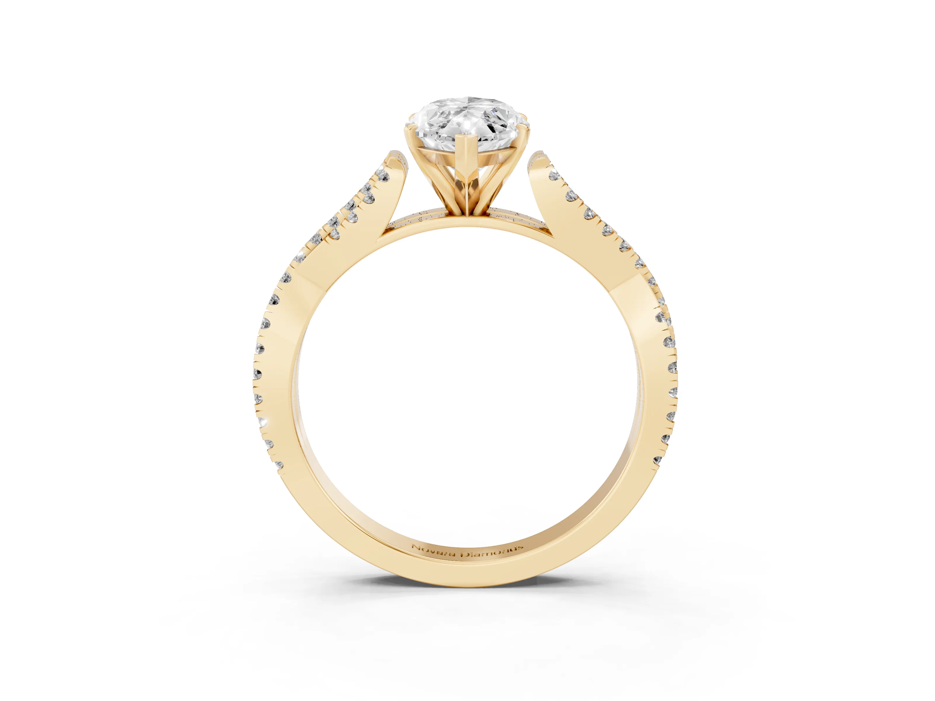Marquise Cut Diamond Solitaire Engagement Ring Set in Yellow gold with Twisted Pavé Band and Prong Setting