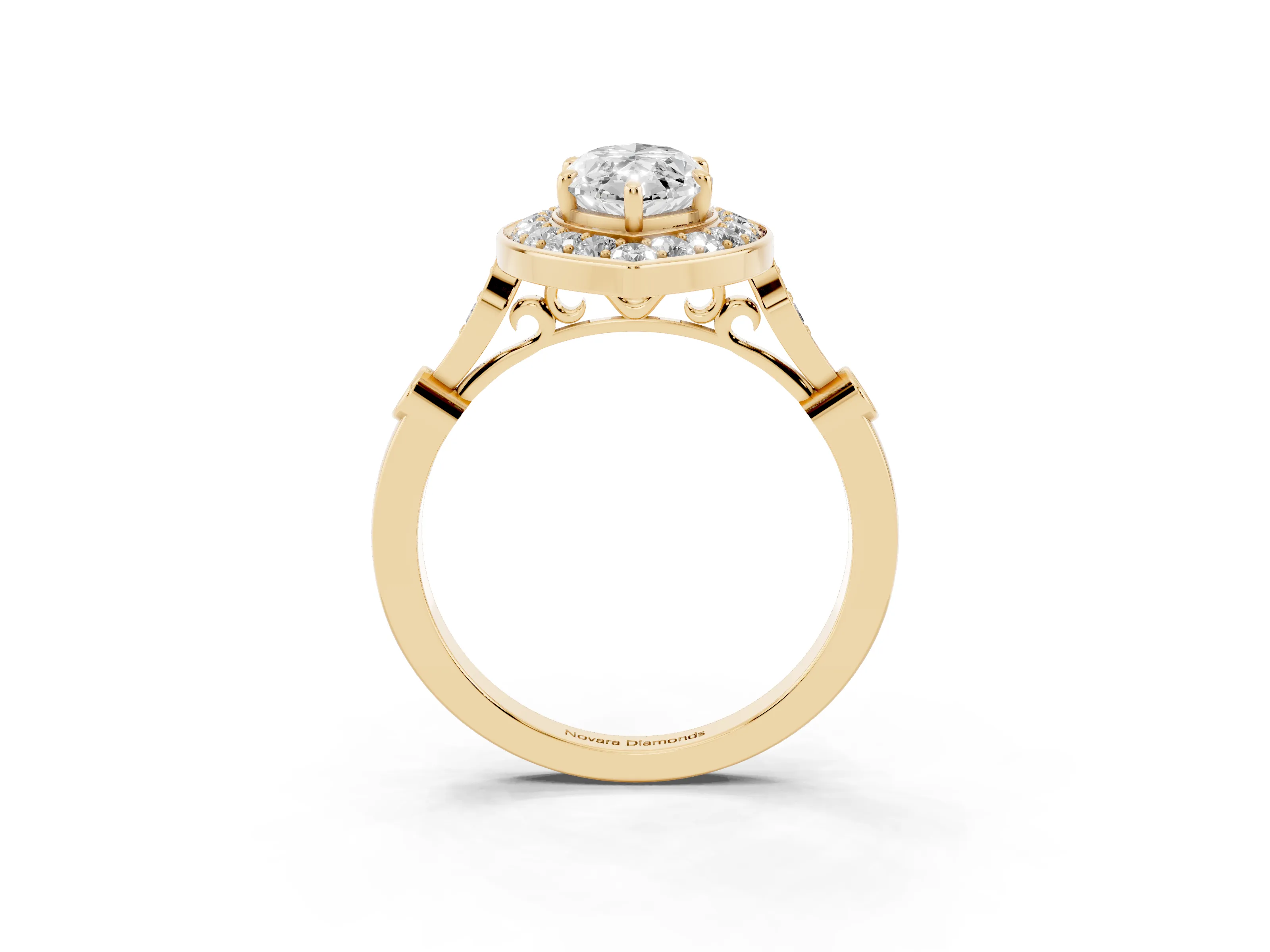 Marquise Cut Diamond Halo Engagement Ring Set in Yellow gold with Twisted Band and Prong Setting