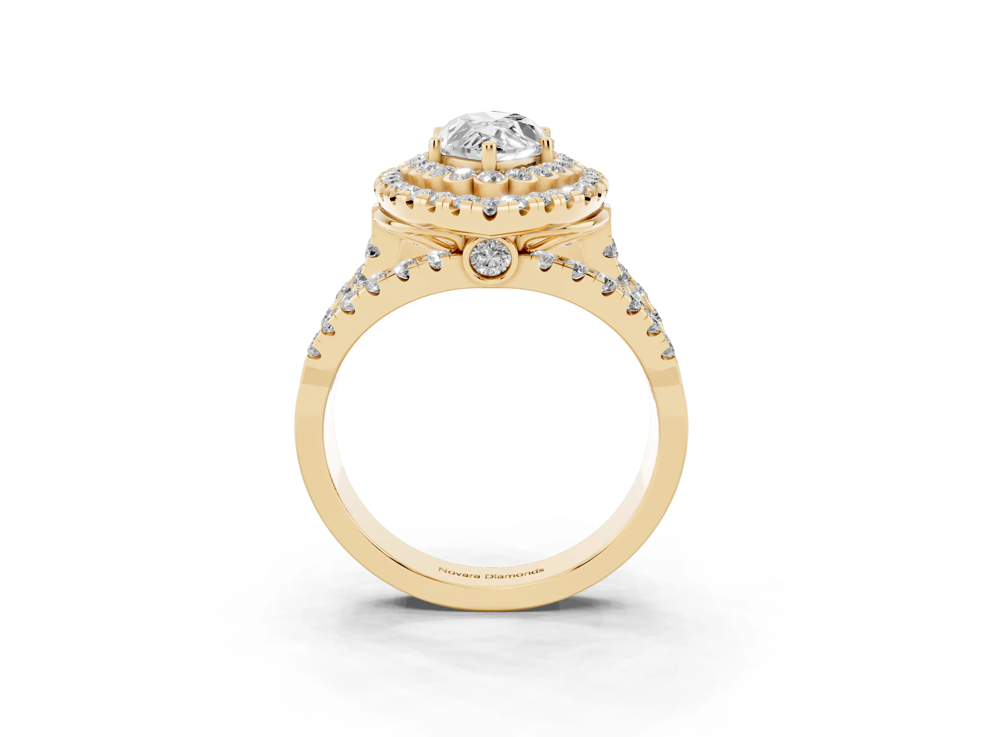 Marquise Cut Diamond Double Halo Ring Set in Yellow gold with Round Pavé Split Shank