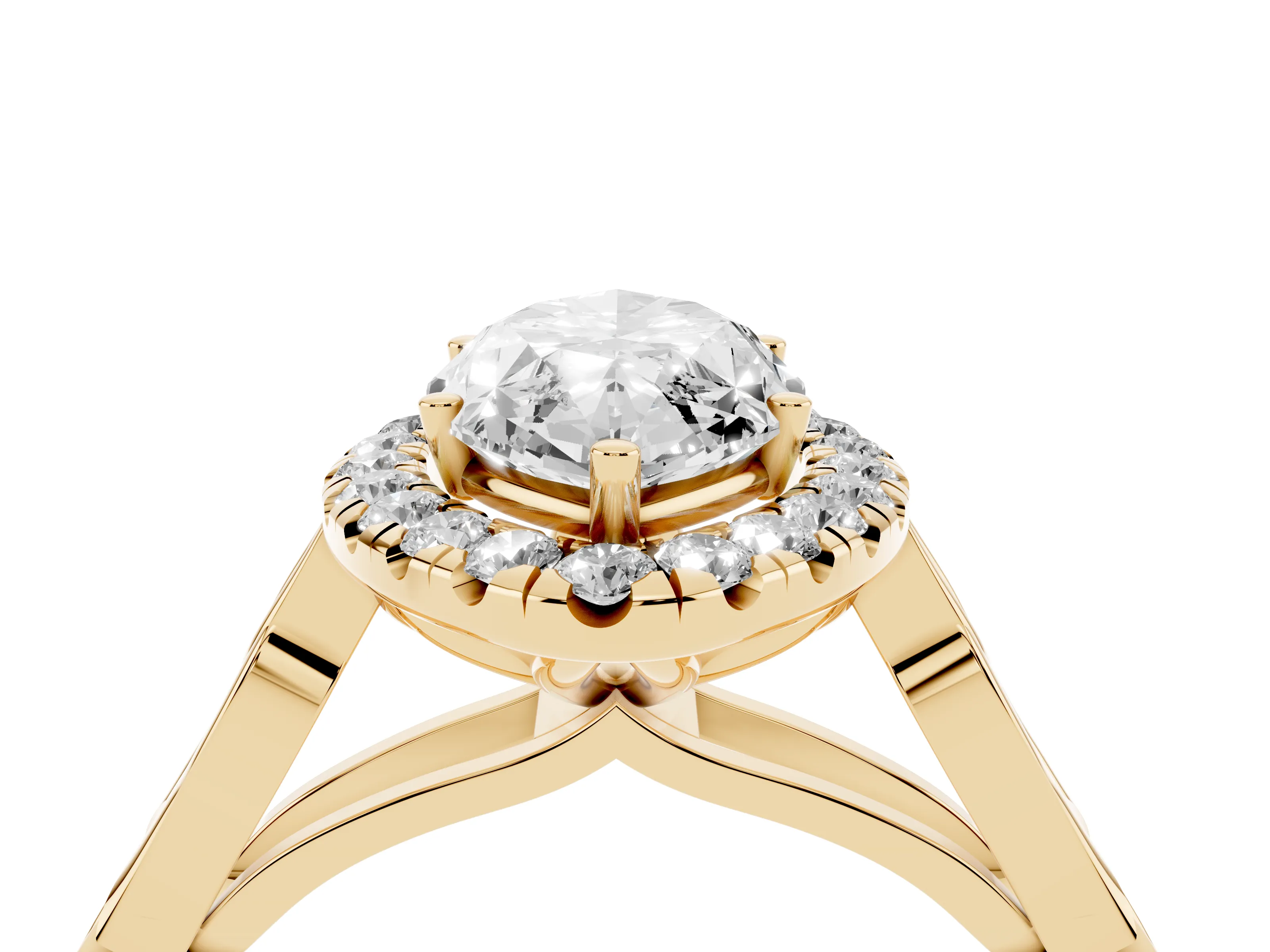 Marquise Cut Diamond Halo Engagement Ring Set in Yellow gold with Filigree Band and Prong-Set Center
