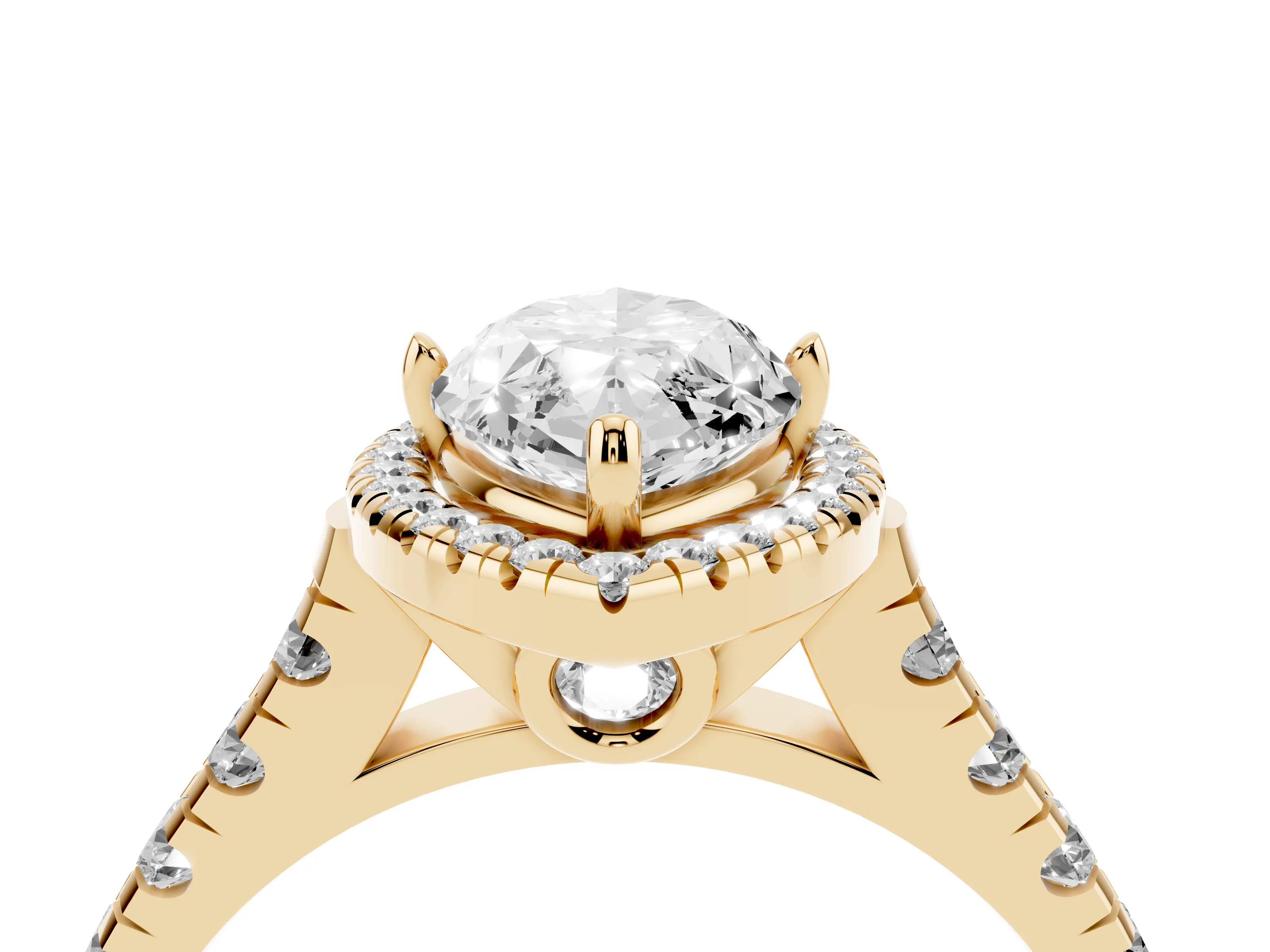 Marquise Cut Diamond Halo Engagement Ring Set in Yellow gold with Pavé Band and Prong-Set Center