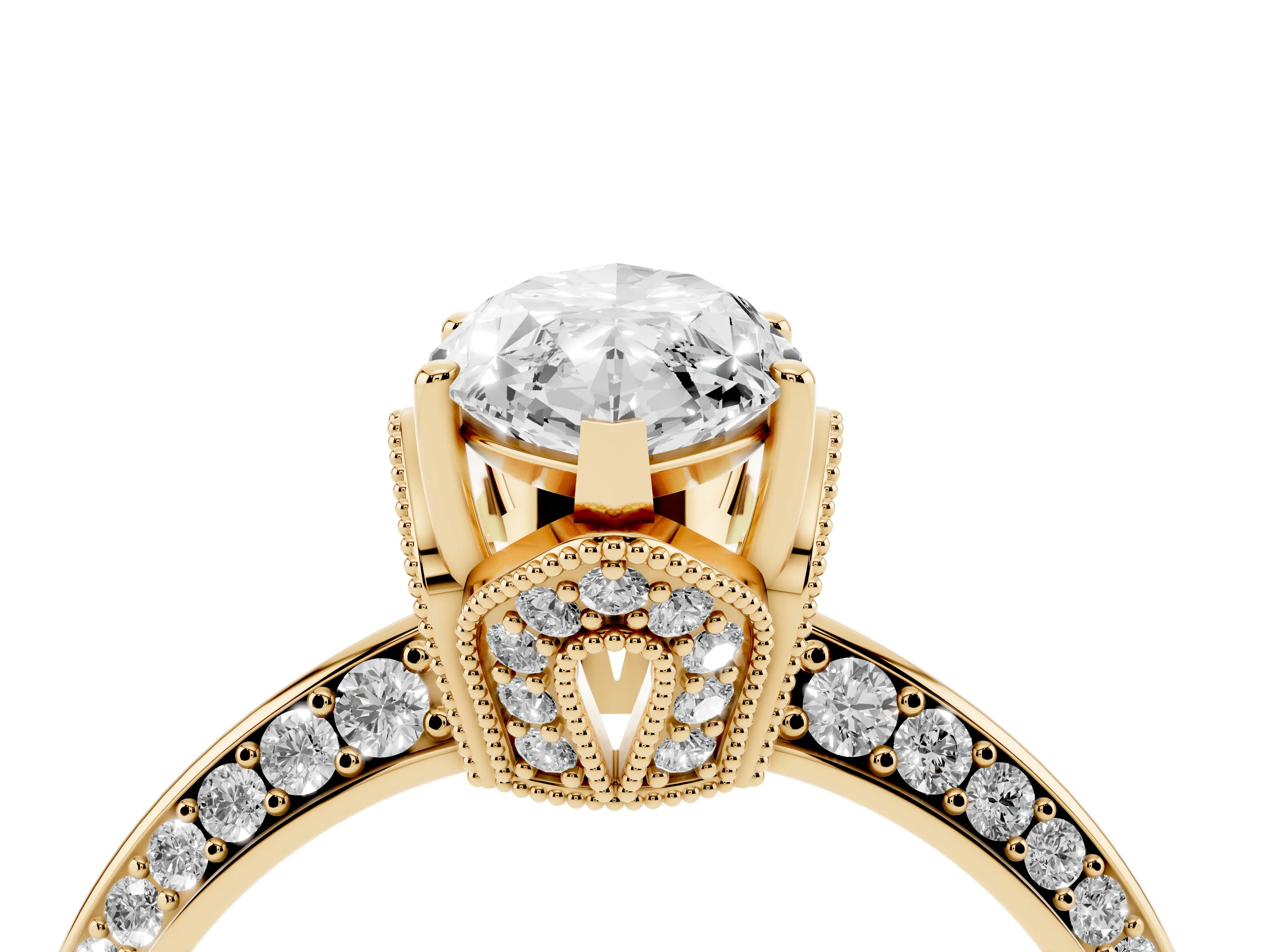 Marquise Cut Diamond Solitaire Engagement Ring Set in Yellow gold with Pavé Split Shank and Prong Setting