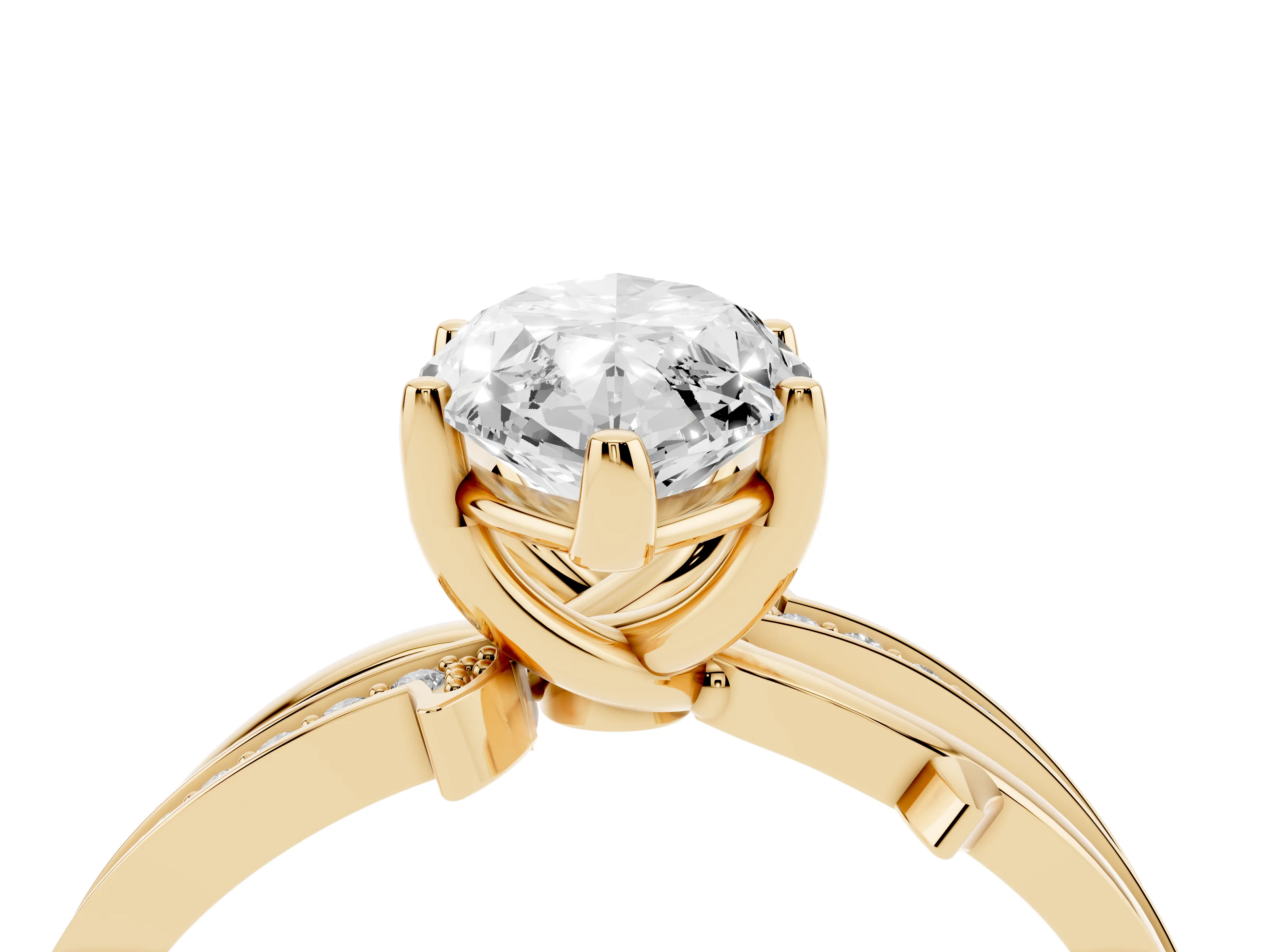 Marquise Cut Diamond Pavé Twist Band Solitaire Ring Set in Yellow gold with Prong Setting