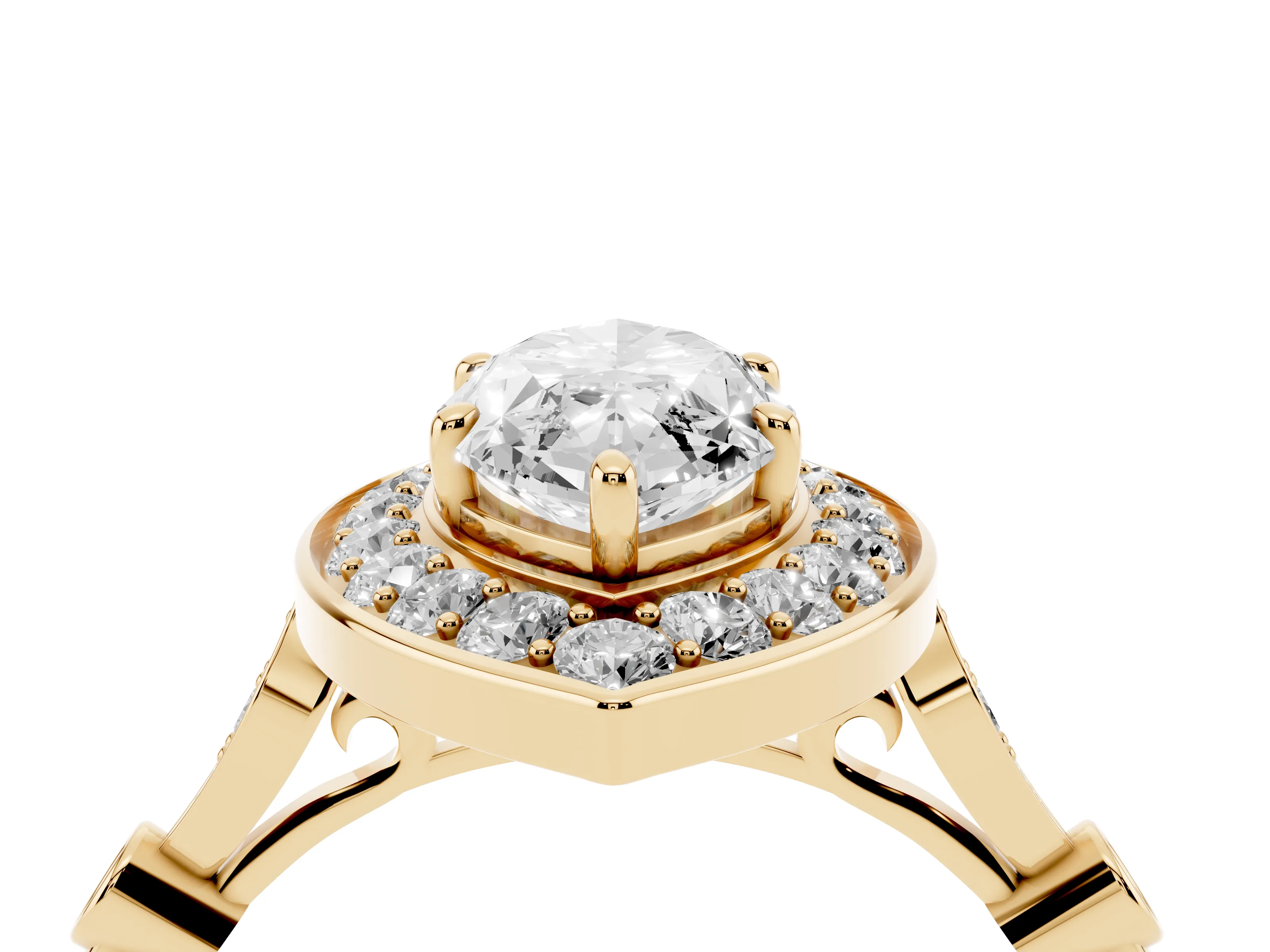 Marquise Cut Diamond Halo Engagement Ring Set in Yellow gold with Twisted Band and Prong Setting