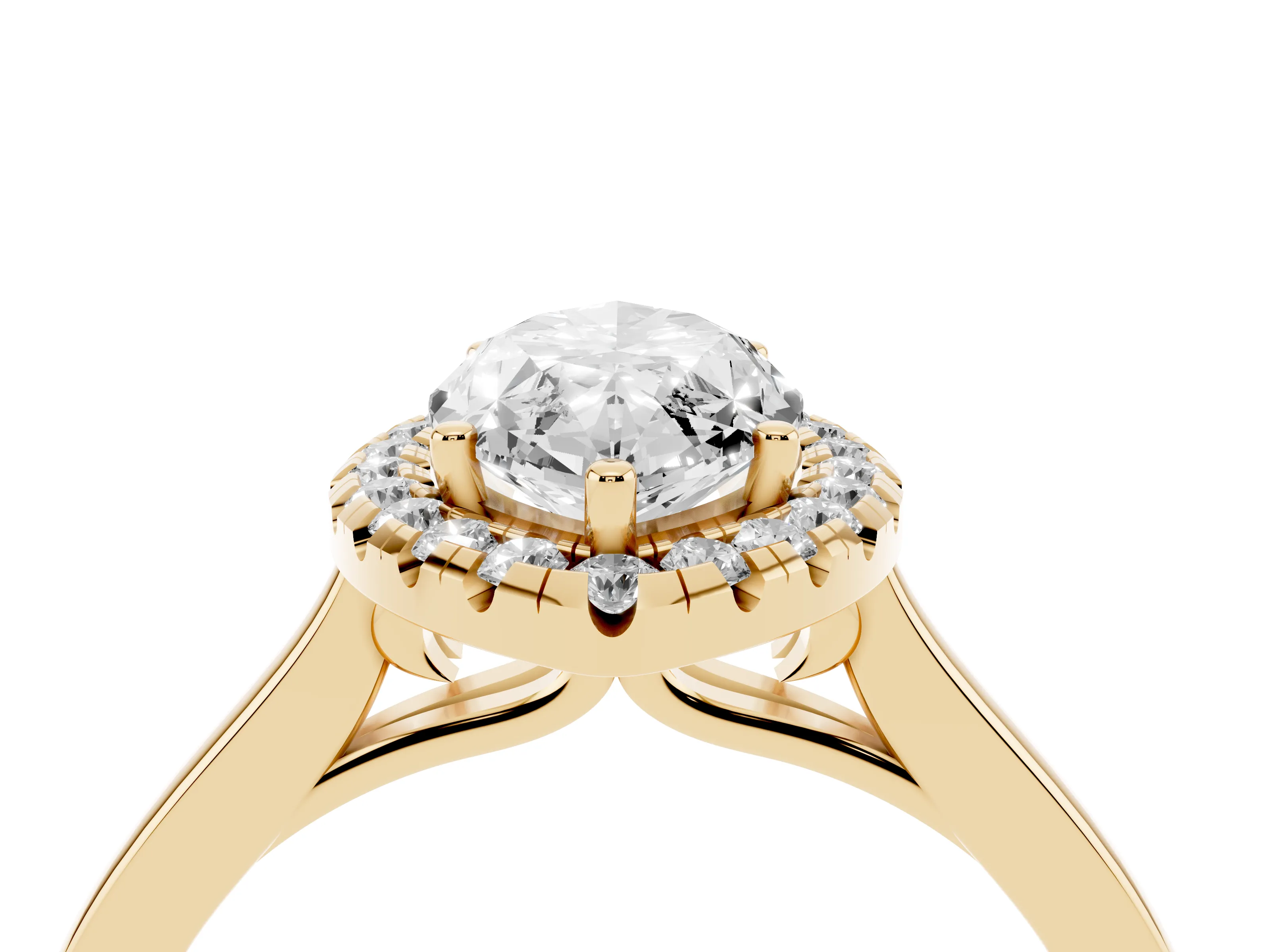 Marquise Cut Halo Round Diamond Solitaire Ring Set in Yellow gold with Pavé Band and Prong Setting