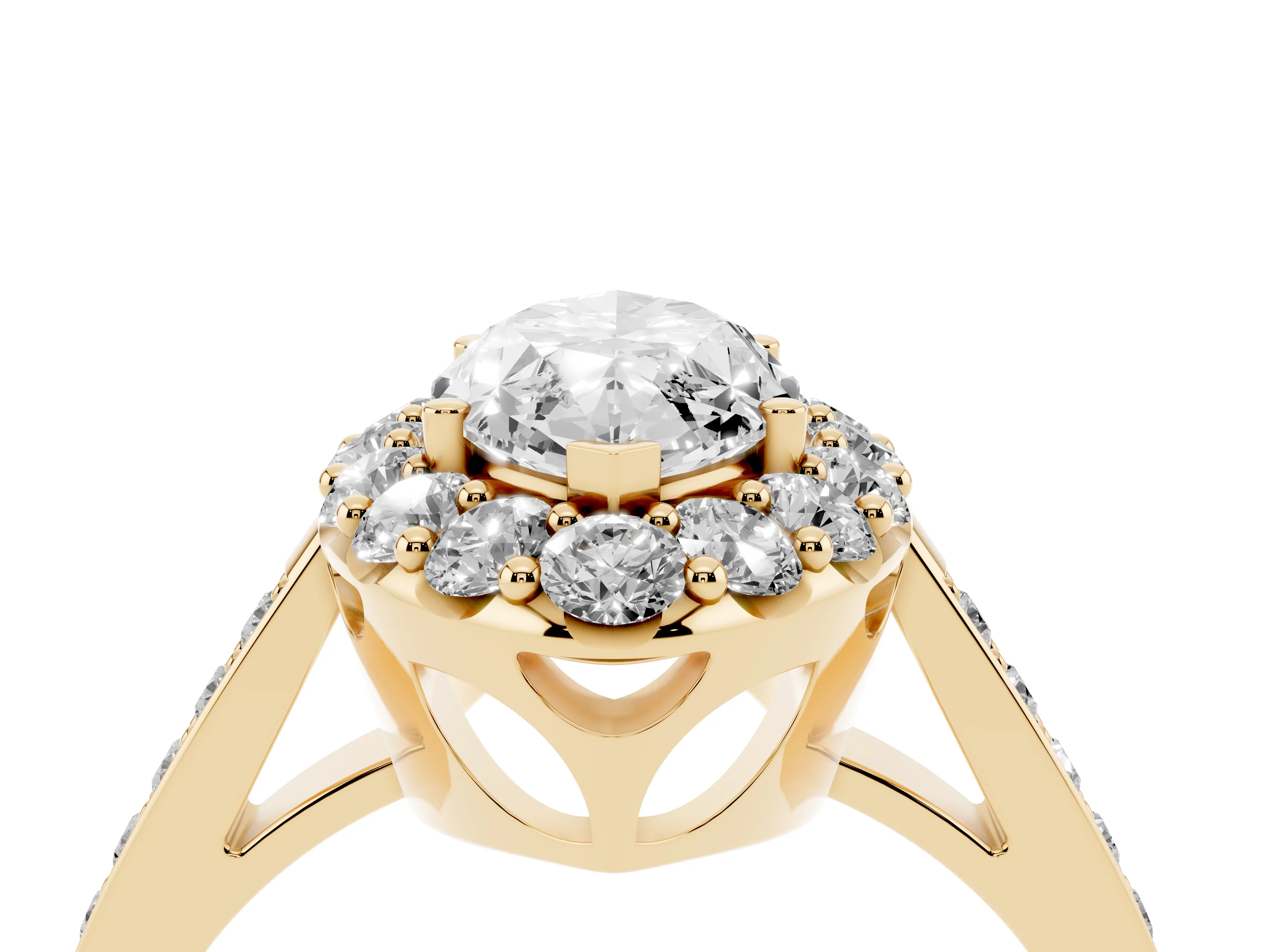 Marquise Cut Diamond Floral Halo Ring Set in Yellow gold with Pavé Band and Prong Setting