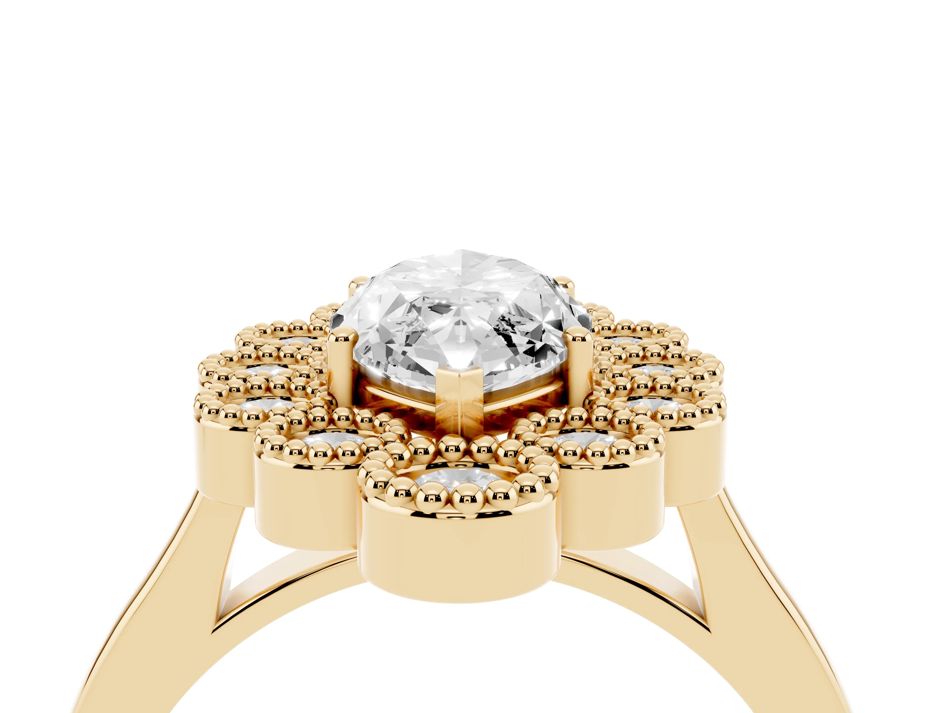 Marquise Cut Diamond Cluster Halo Ring Set in Yellow gold with Milgrain Bezel Accents and Plain Band