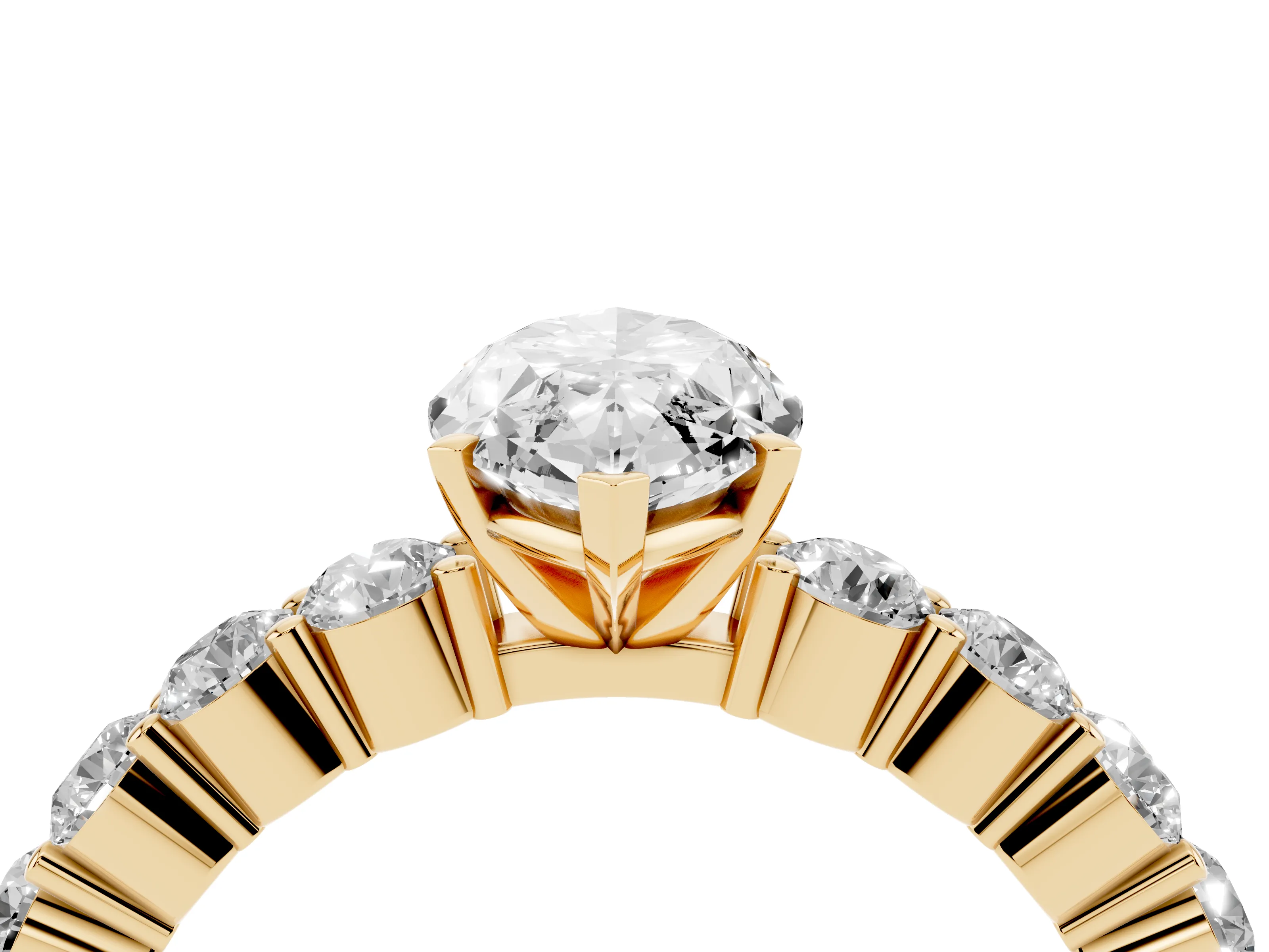 Marquise Cut Diamond Solitaire Ring Set in Yellow gold with Shared Prong Round Side Stones